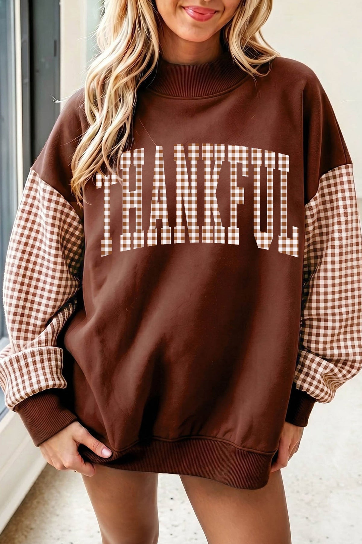 Coffee Plaid Thanksgiving Graphic Patchwork Sleeve Mock Neck Sweatshirt