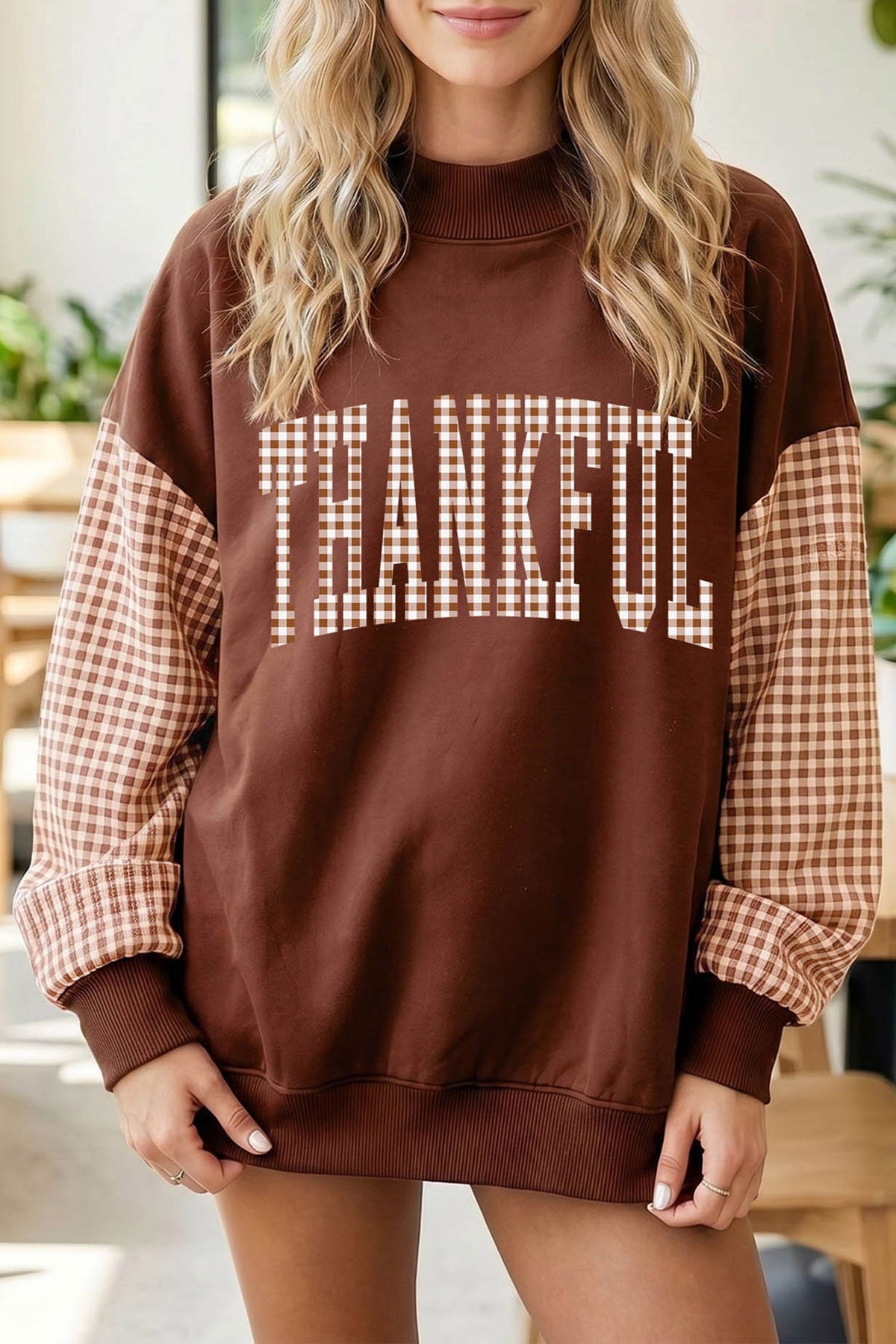Coffee Plaid Thanksgiving Graphic Patchwork Sleeve Mock Neck Sweatshirt