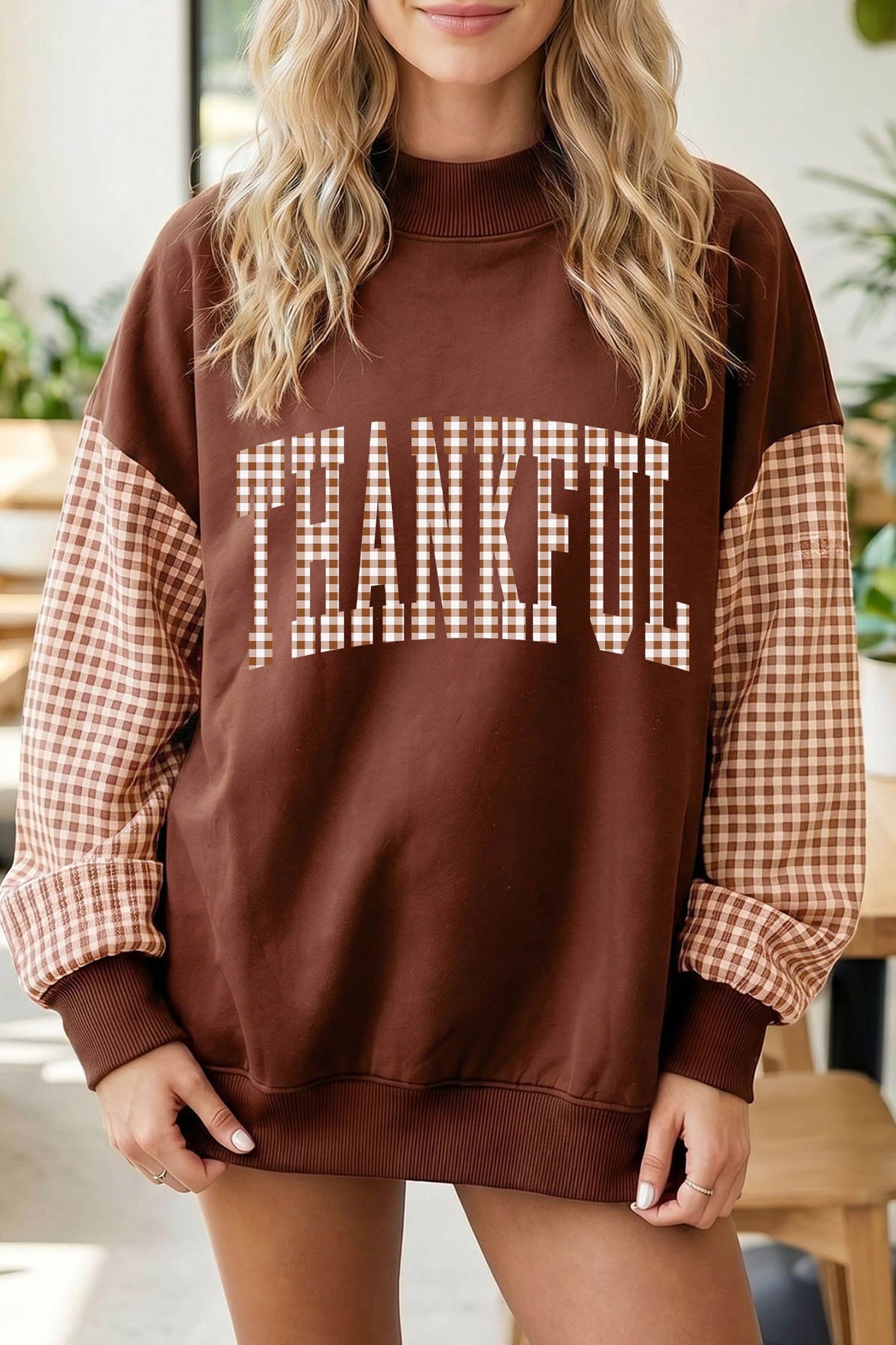Coffee Plaid Thanksgiving Graphic Patchwork Sleeve Mock Neck Sweatshirt
