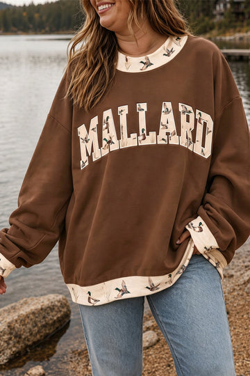 Coffee Plus Size Embroidered Trim Mallard Patch Contrast Trim Crewneck Sweatshirt