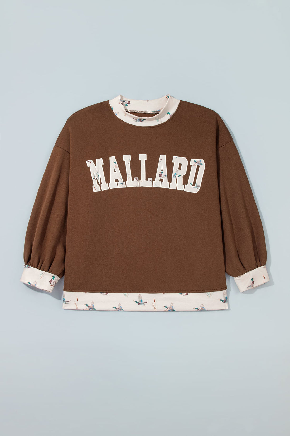 Coffee Plus Size Embroidered Trim Mallard Patch Contrast Trim Crewneck Sweatshirt