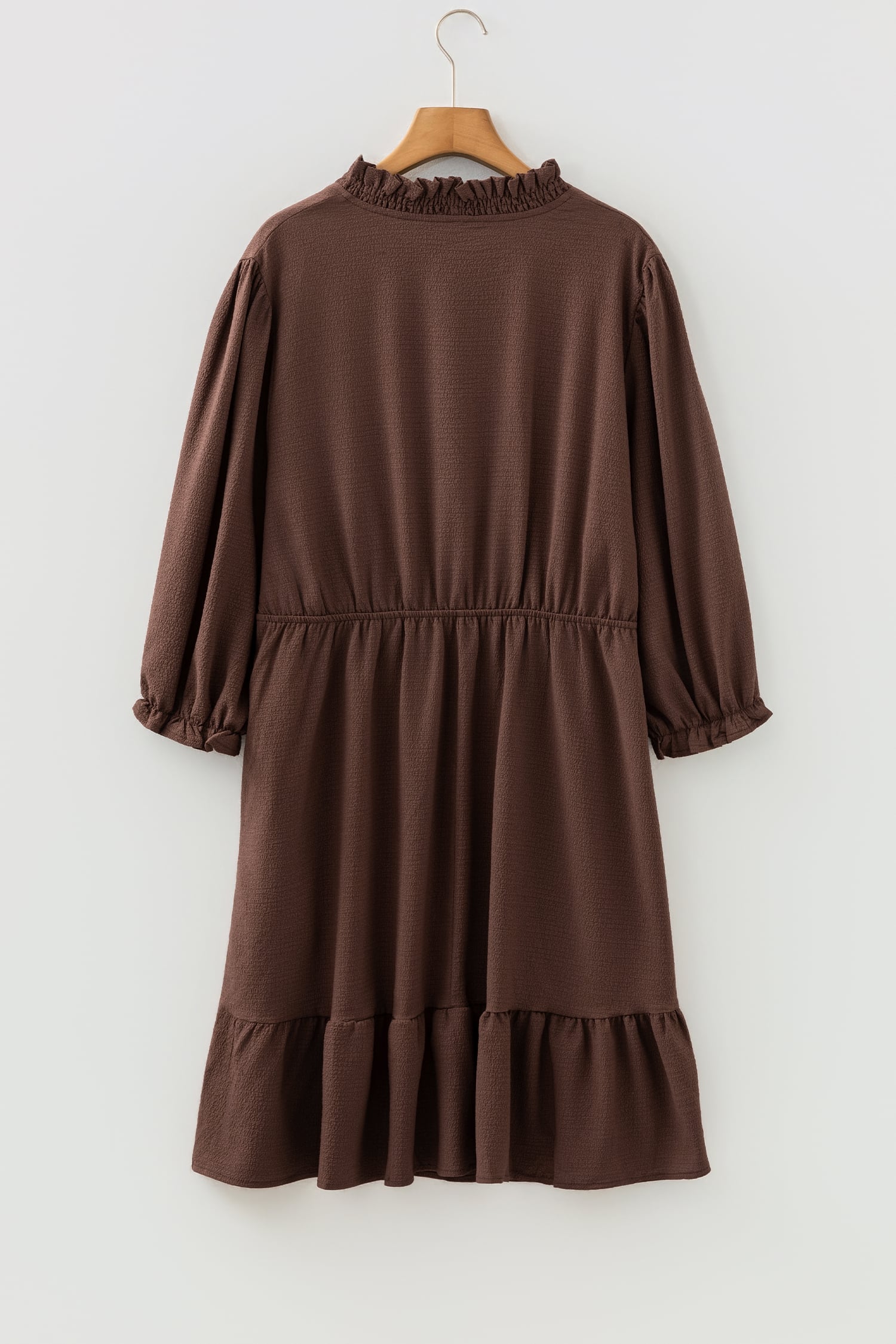 Coffee Plus Size Frilled Trim V Neck Puff Sleeve Textured Mini Dress