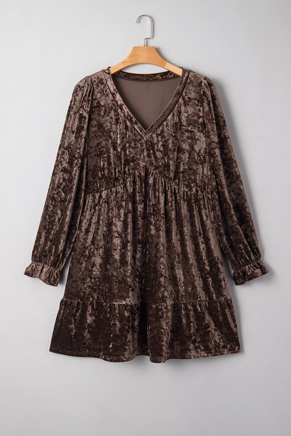 Coffee Plus Size Velvet Babydoll Mini Dress with Puff Sleeve