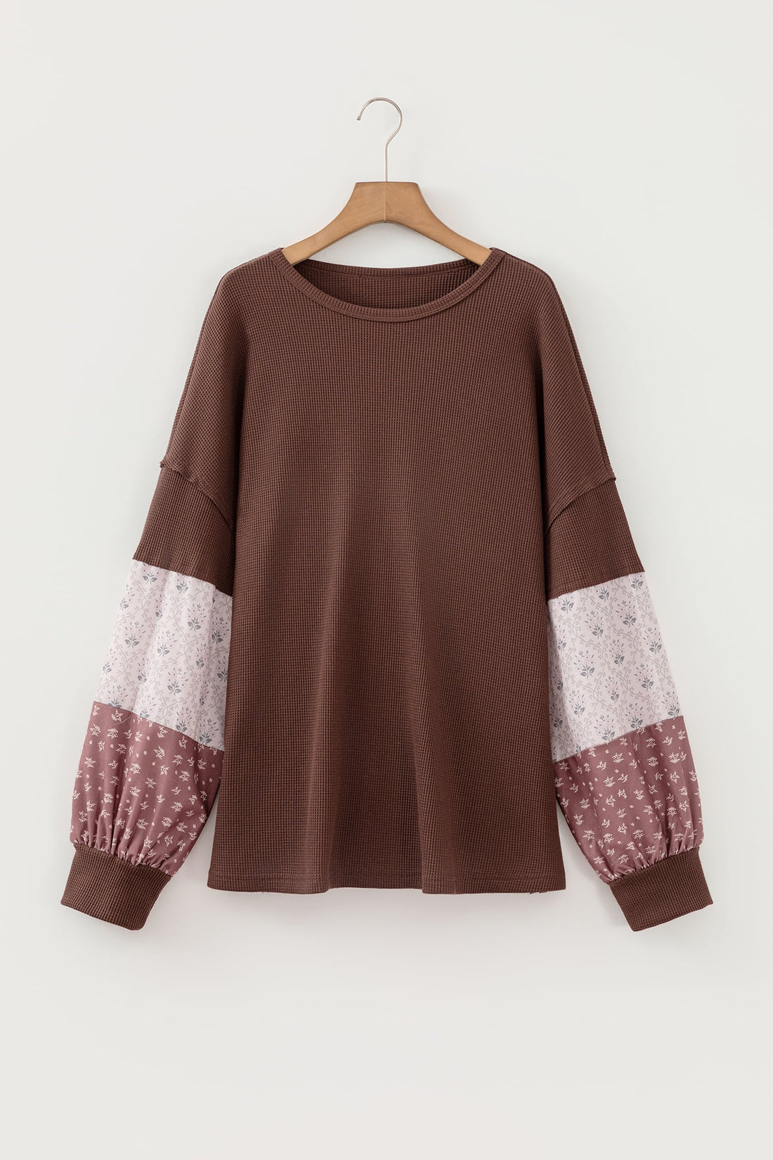 Coffee Plus Size Waffle Knit Floral Patchwork Long Sleeve Top
