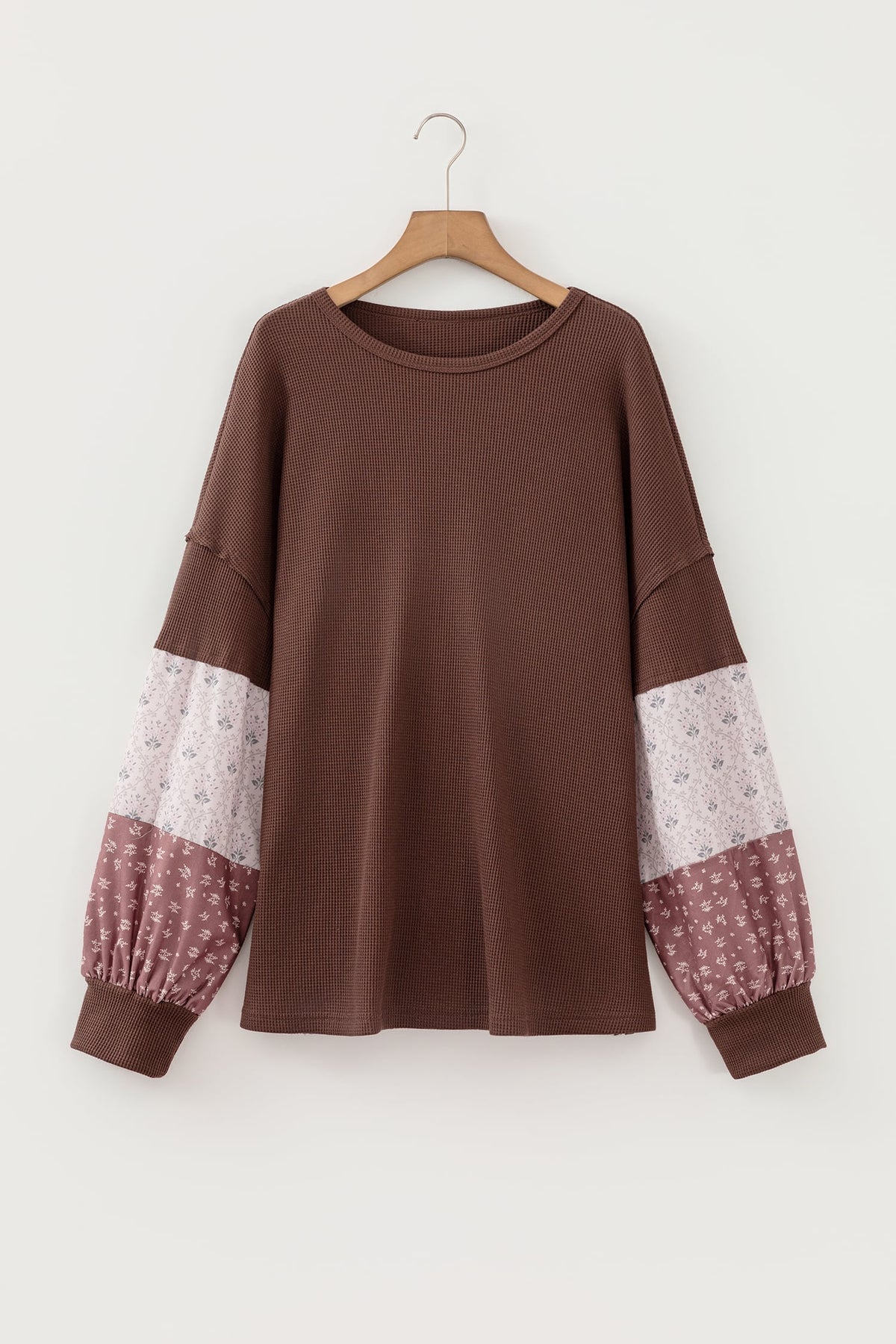Coffee Plus Size Waffle Knit Floral Patchwork Long Sleeve Top