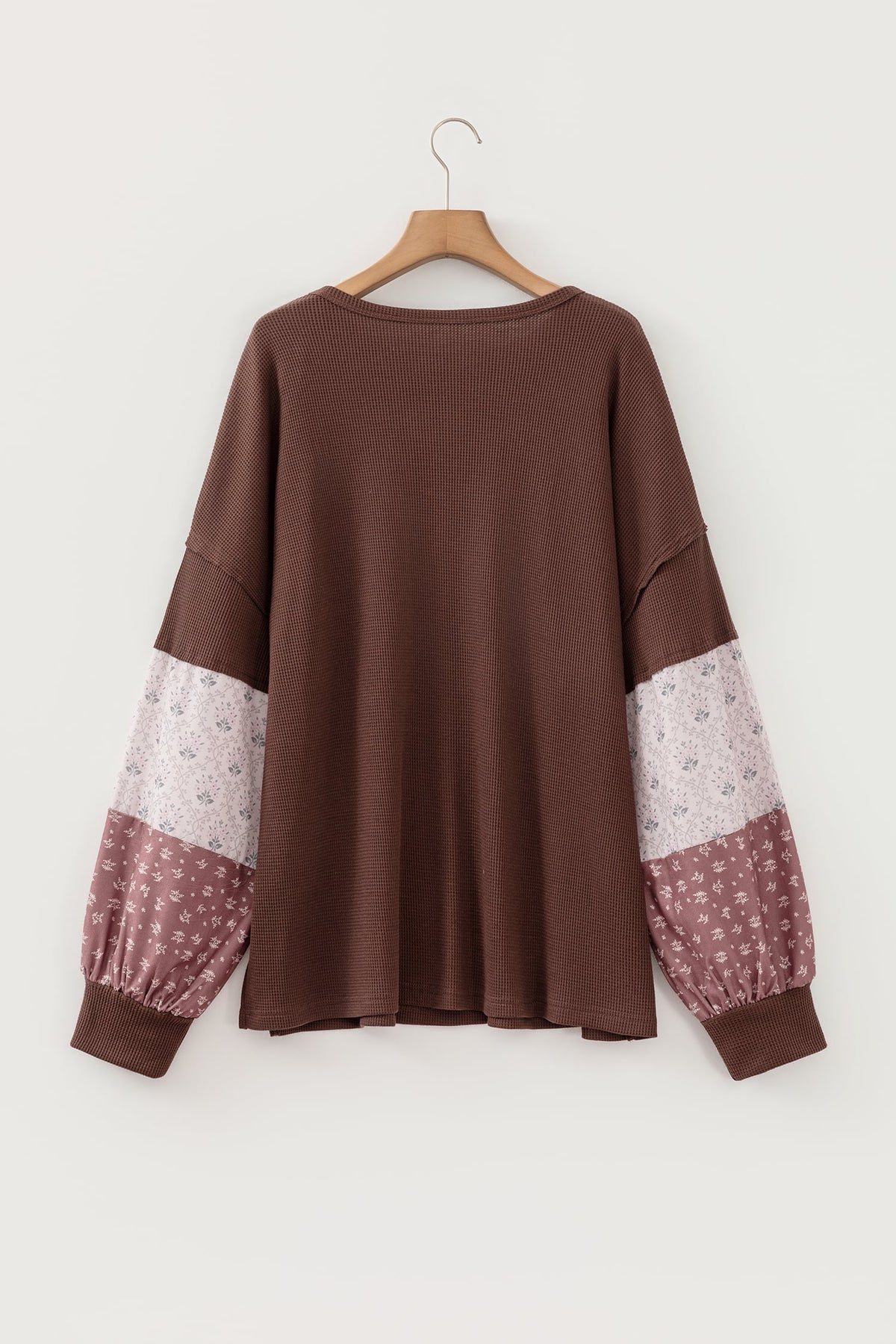 Coffee Plus Size Waffle Knit Floral Patchwork Long Sleeve Top