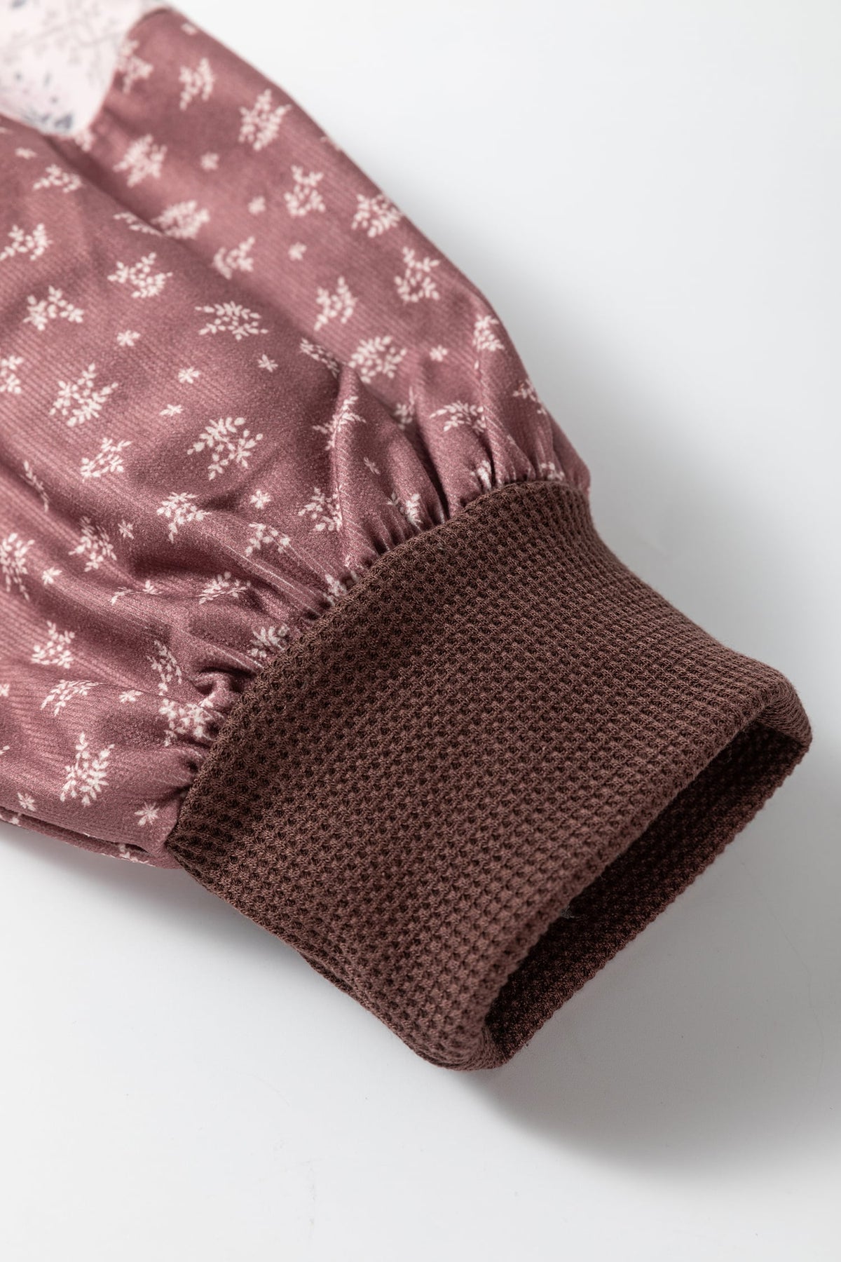Coffee Plus Size Waffle Knit Floral Patchwork Long Sleeve Top