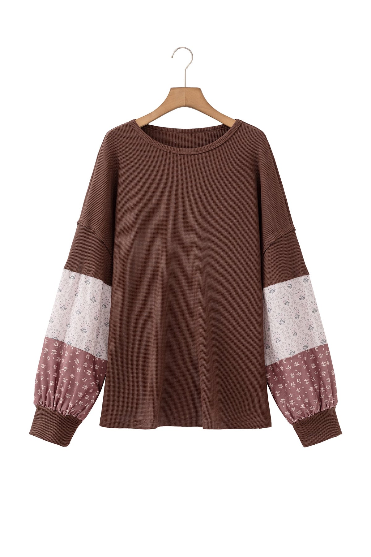 Coffee Plus Size Waffle Knit Floral Patchwork Long Sleeve Top