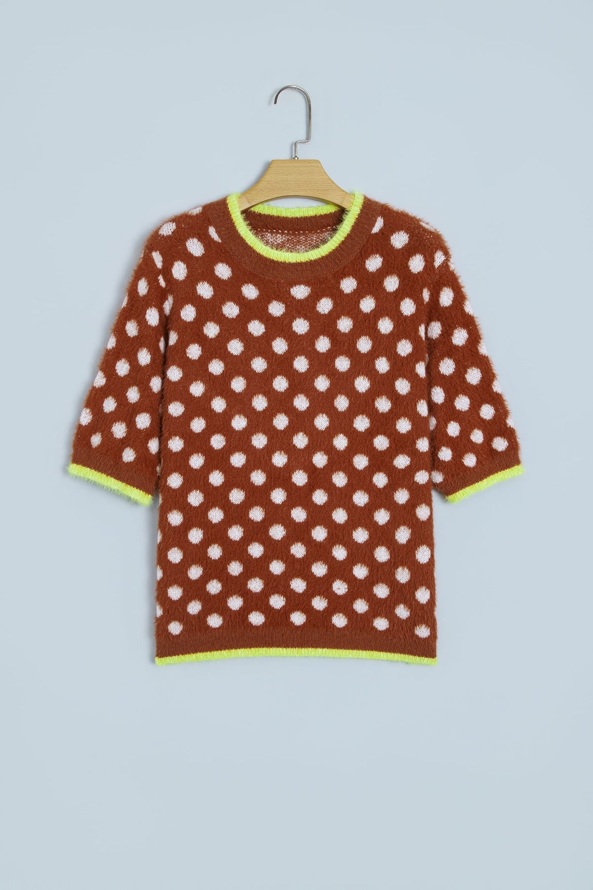 Coffee Polka Dot Contrast Trim Round Neck Half Sleeve Sweater