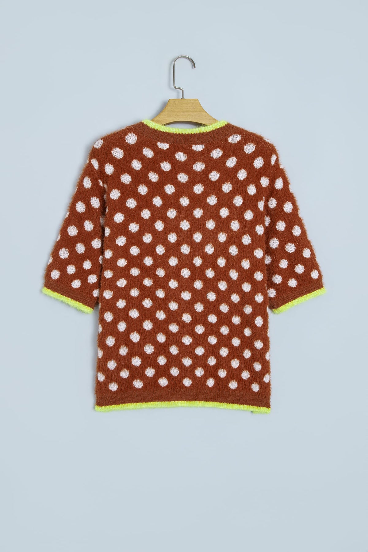 Coffee Polka Dot Contrast Trim Round Neck Half Sleeve Sweater