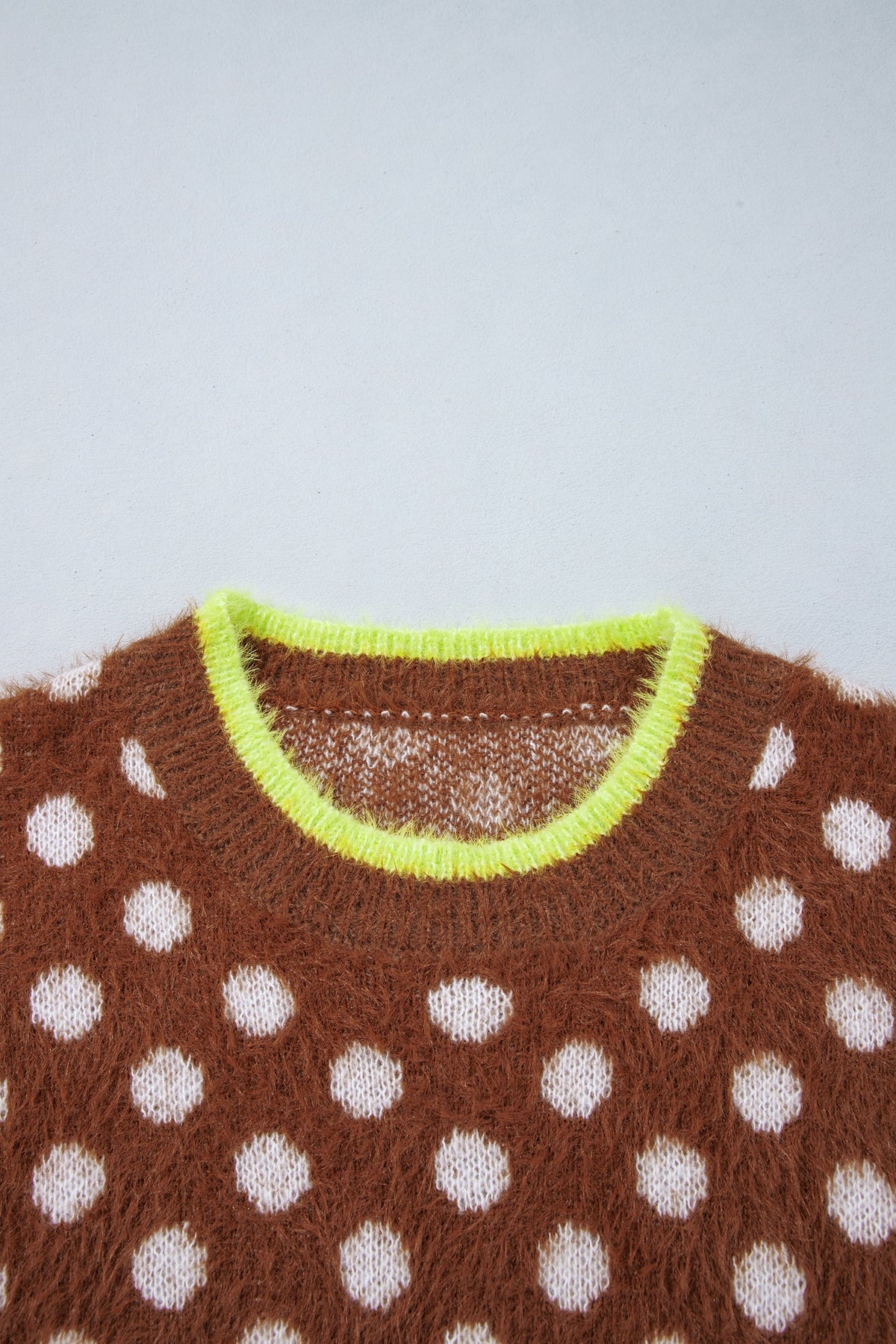 Coffee Polka Dot Contrast Trim Round Neck Half Sleeve Sweater