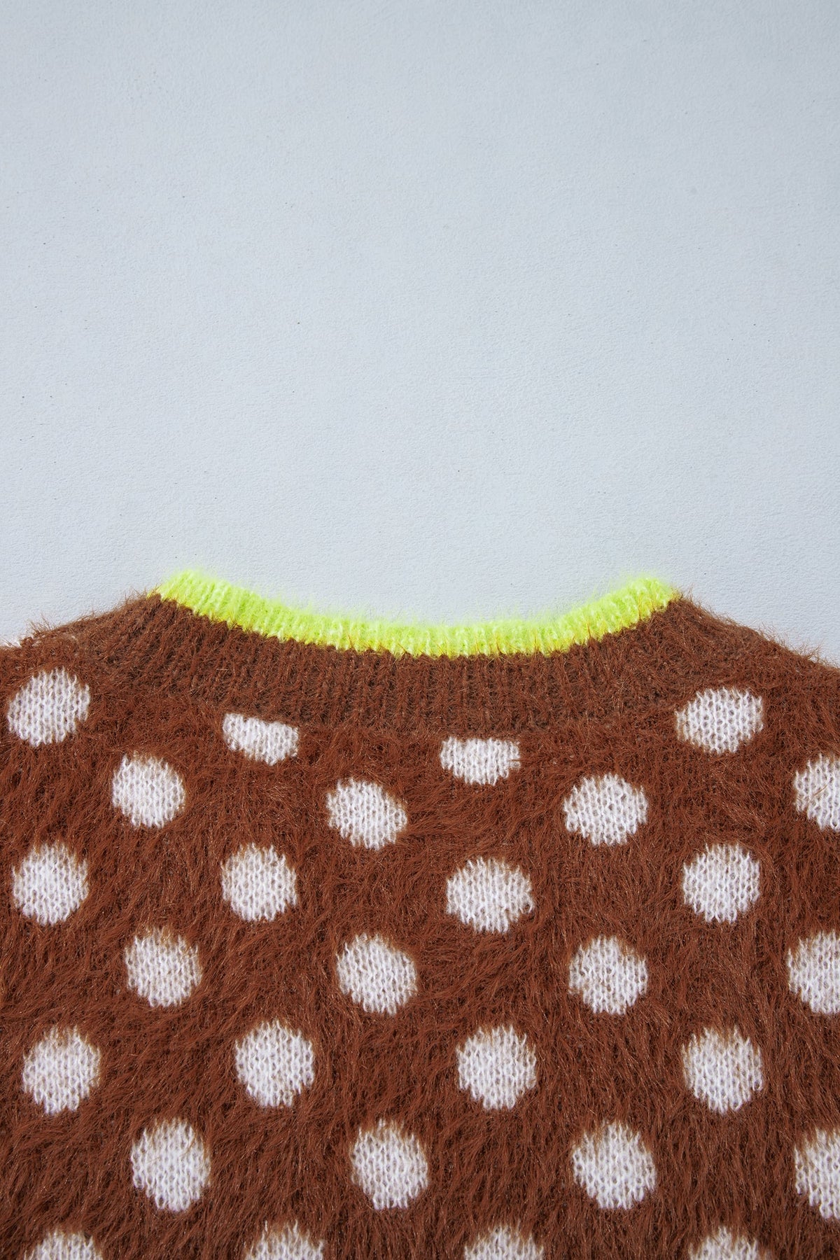 Coffee Polka Dot Contrast Trim Round Neck Half Sleeve Sweater