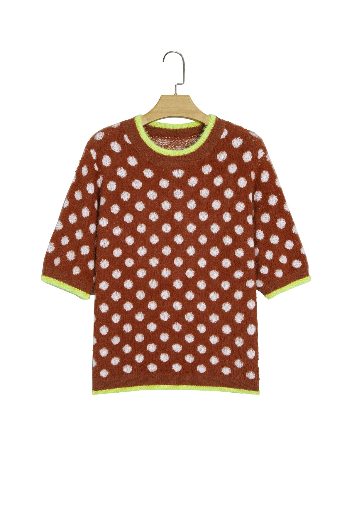 Coffee Polka Dot Contrast Trim Round Neck Half Sleeve Sweater