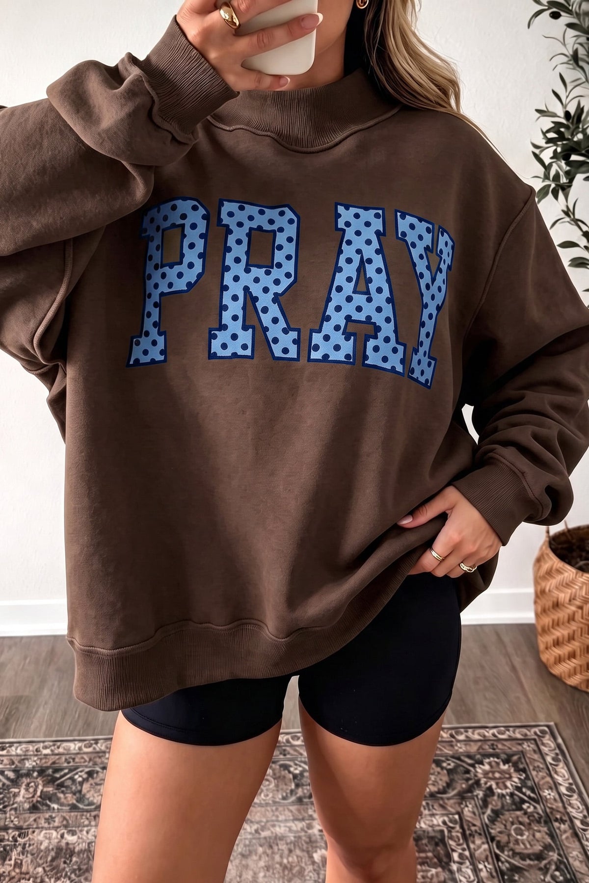 Coffee PRAY Polka Dot Embroidered Mock Neck Sweatshirt