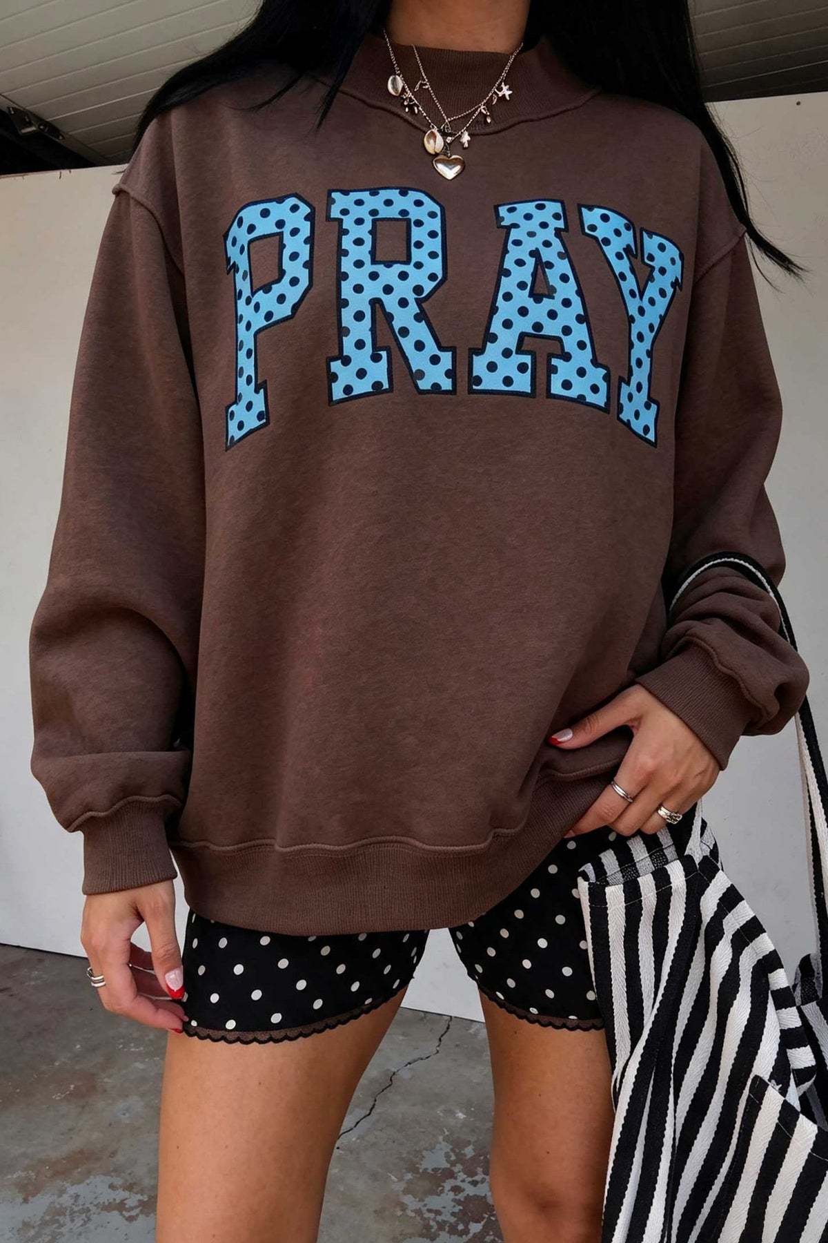 Coffee PRAY Polka Dot Embroidered Mock Neck Sweatshirt