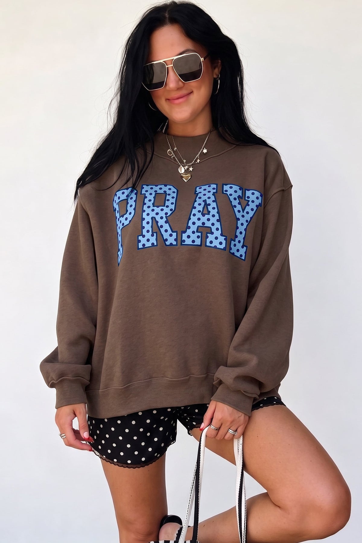 Coffee PRAY Polka Dot Embroidered Mock Neck Sweatshirt