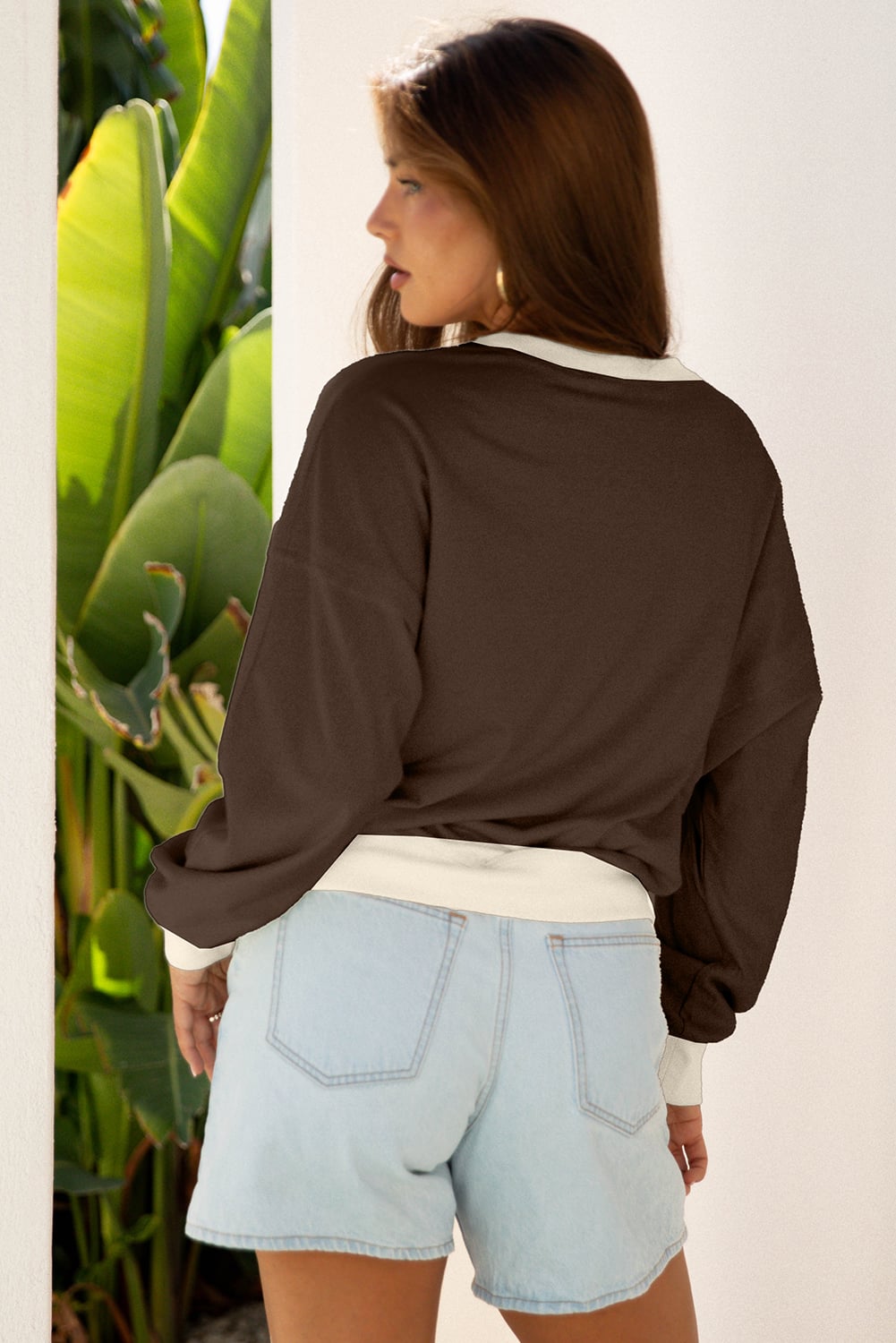 Coffee Raw Edge Flower Patch Drop Shoulder Casual Top