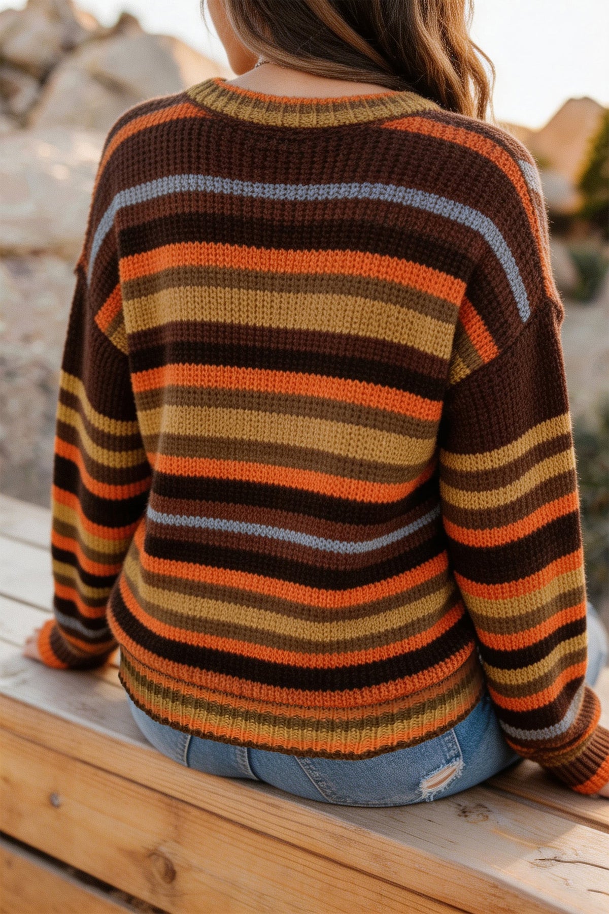 Coffee Round Neck Drop Shoulder Casual Shift Sweater
