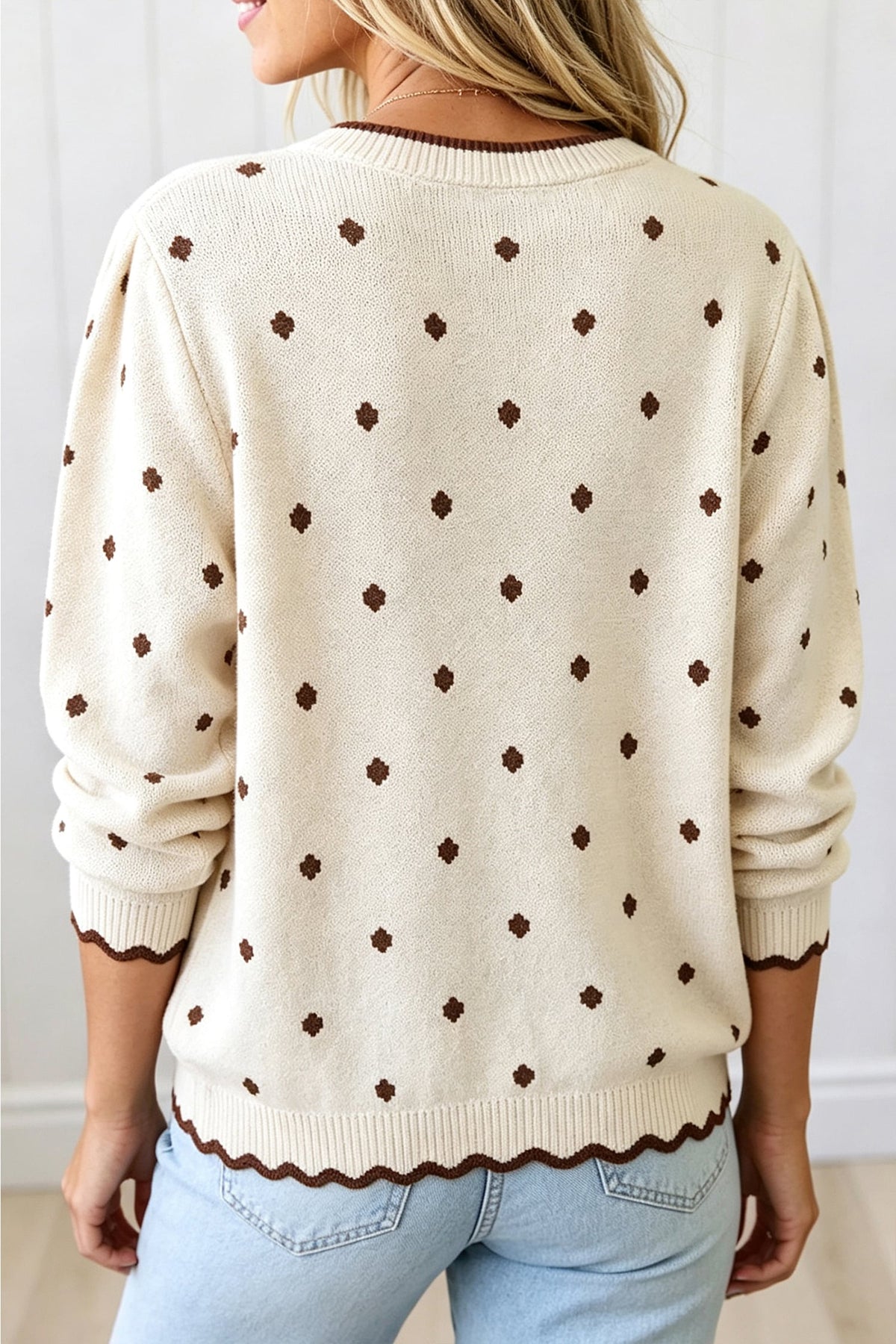 Coffee Round Neck Polka Dot Long Sleeve Casual Shift Sweater
