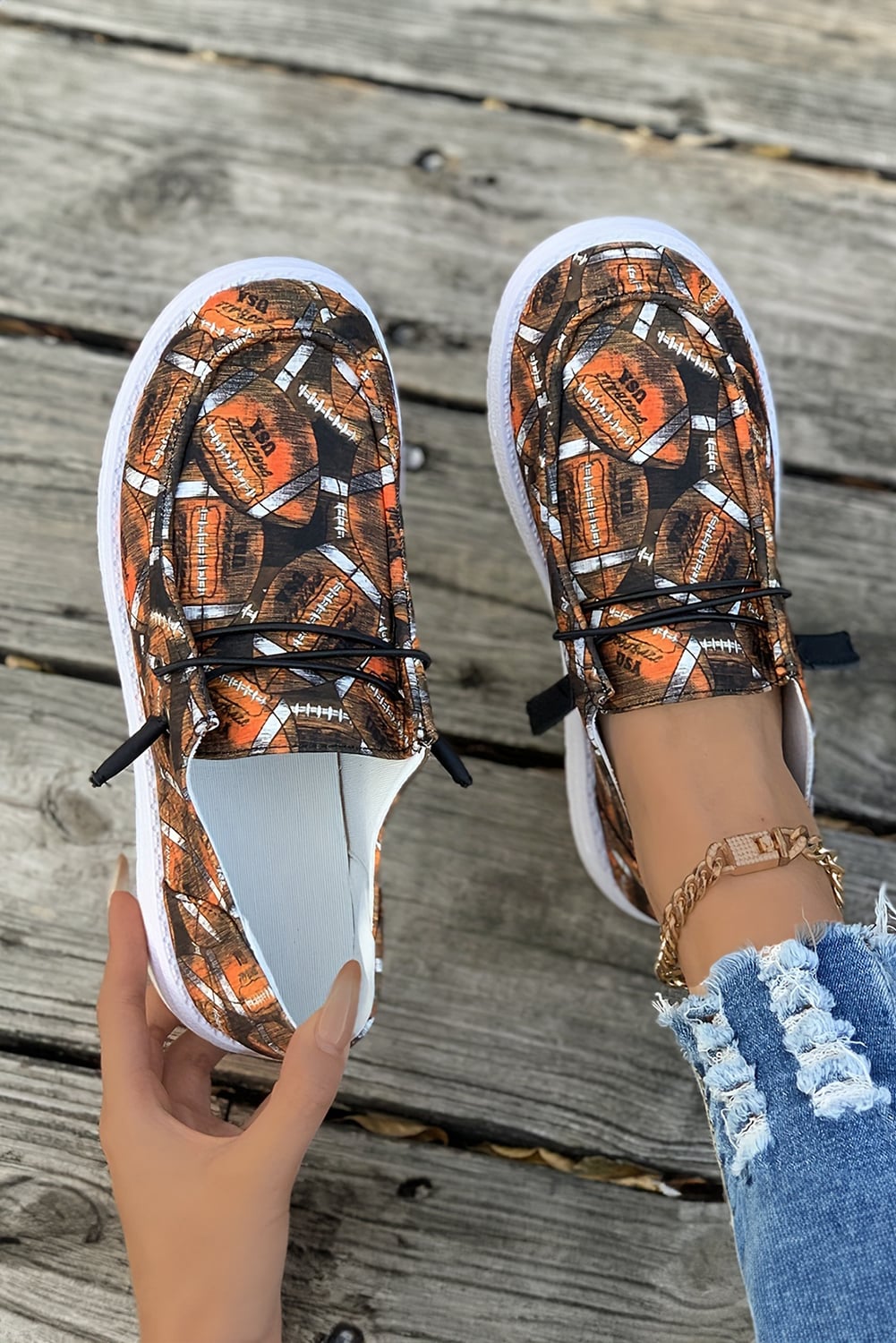 Coffee Rugby Allover Print Lace Up Detail Slip On Flat Shoes