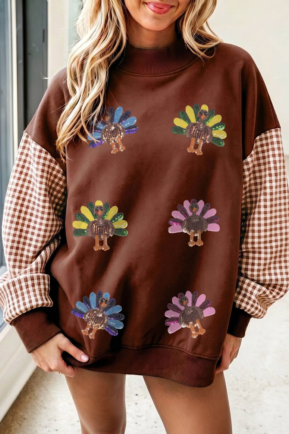 Coffee Sequin Turkey Plaid Sleeve Pullover Sweatshirt