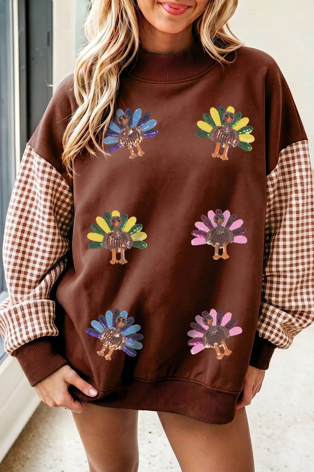 Coffee Sequin Turkey Plaid Sleeve Pullover Sweatshirt