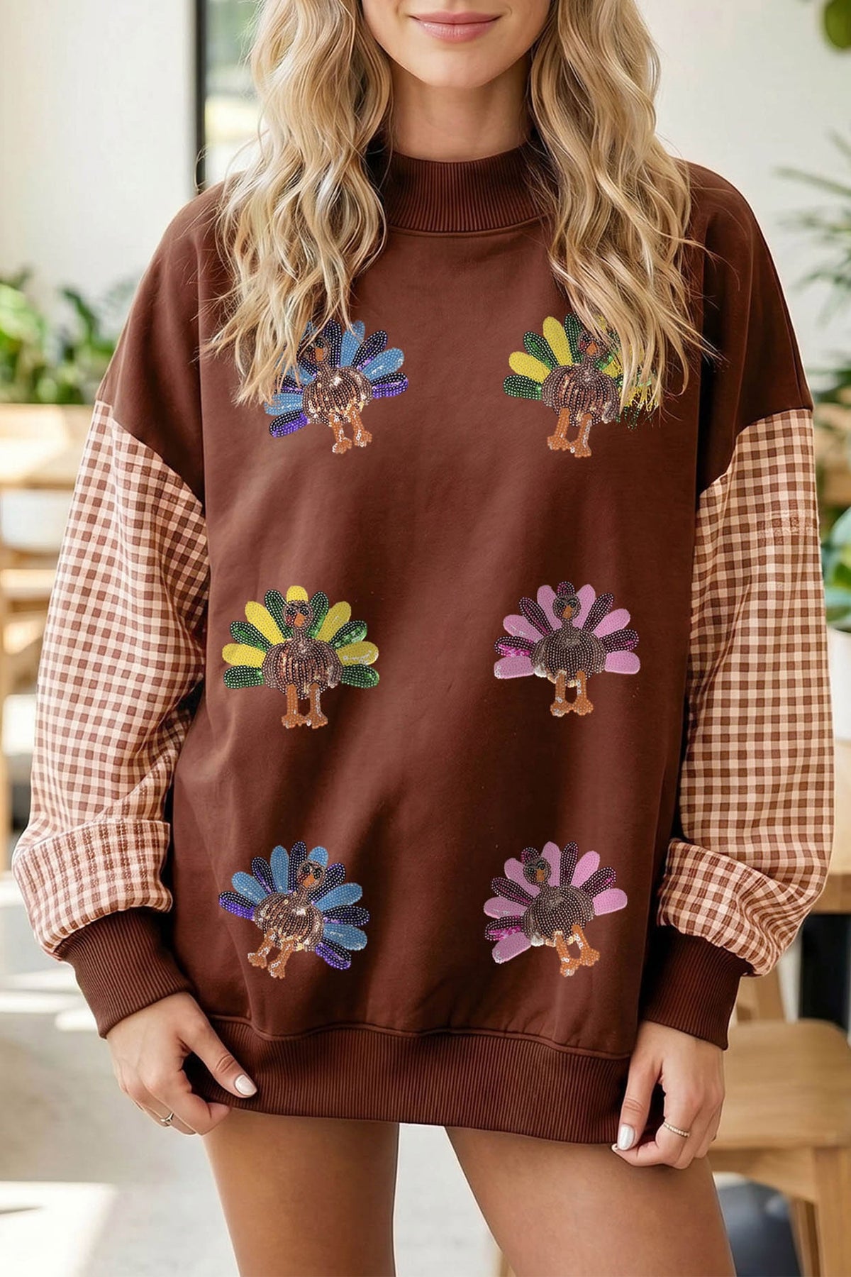 Coffee Sequin Turkey Plaid Sleeve Pullover Sweatshirt