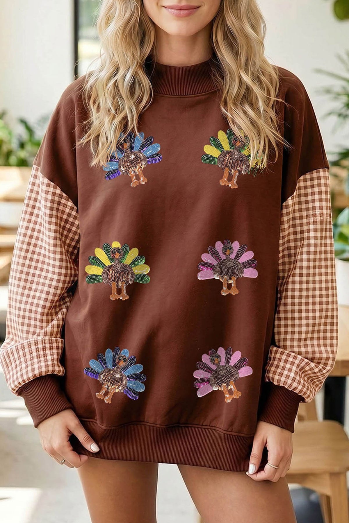 Coffee Sequin Turkey Plaid Sleeve Pullover Sweatshirt