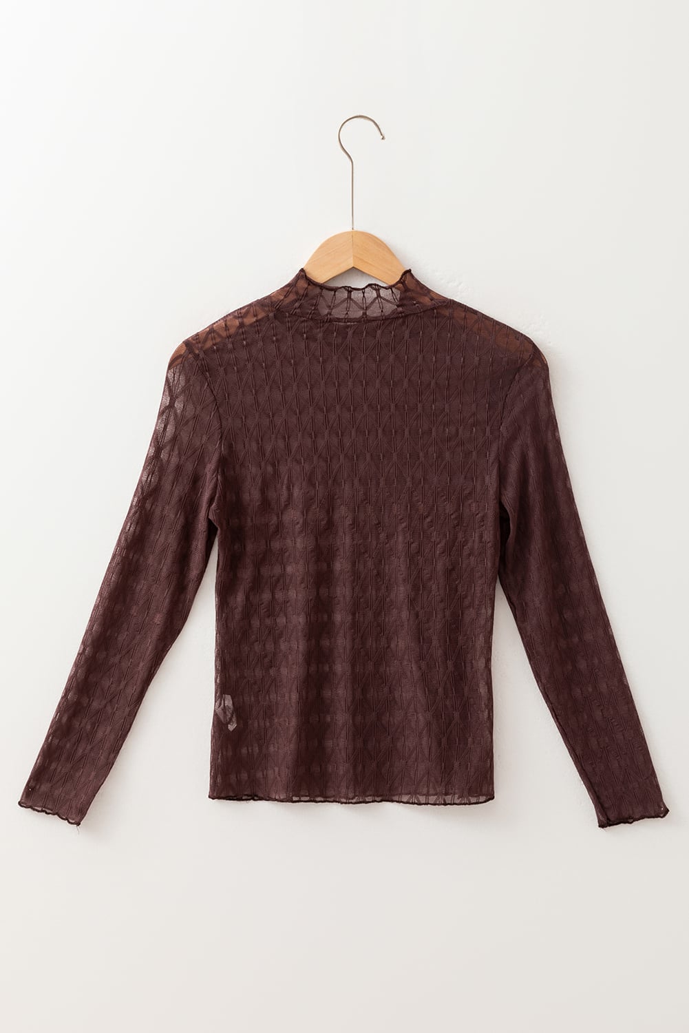 Coffee Sheer Mesh Patterned Lettuce Trim Slim Long Sleeve Top