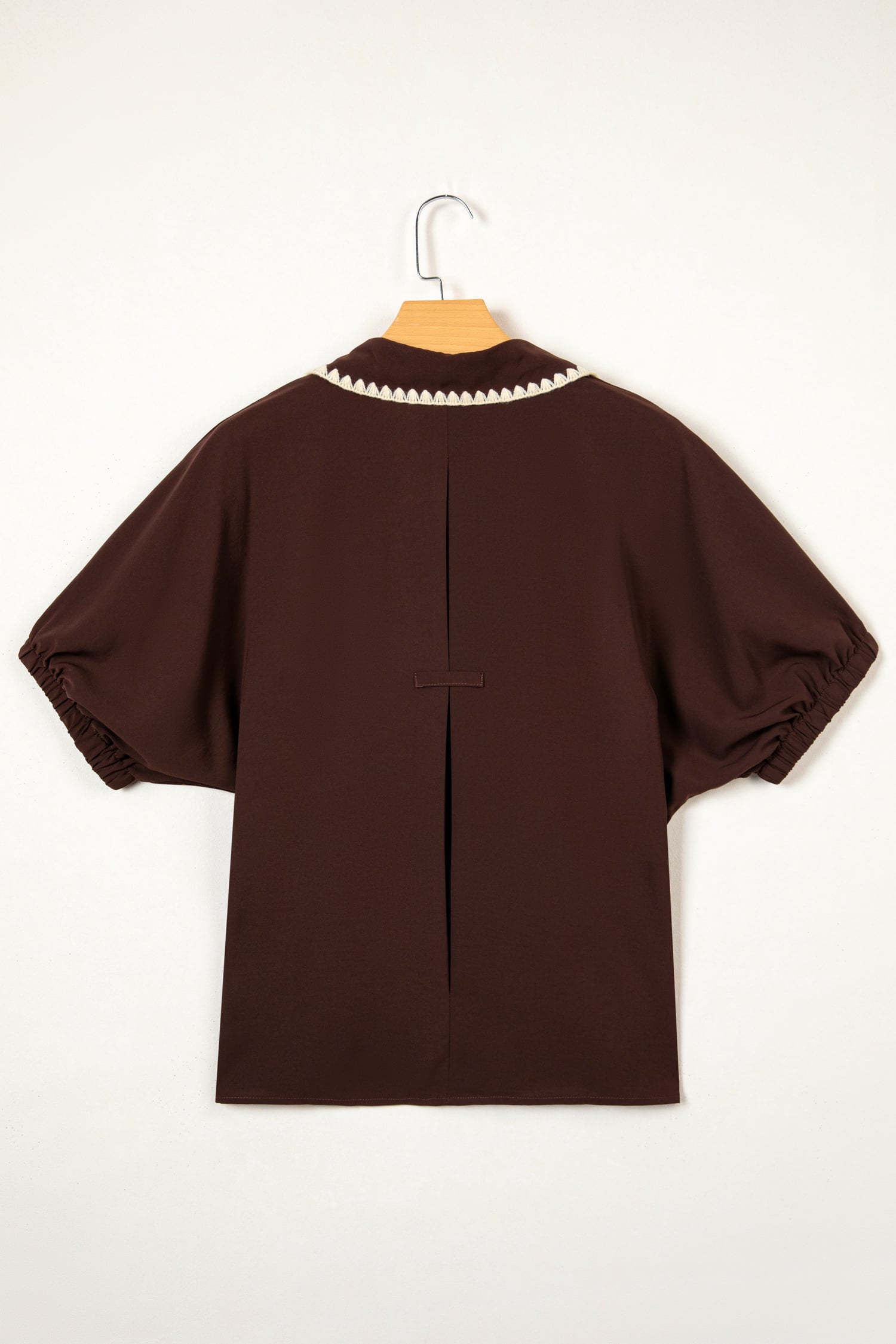 Coffee Shirt Collar Contrast Trim Button V Neck Short Sleeve Blouse