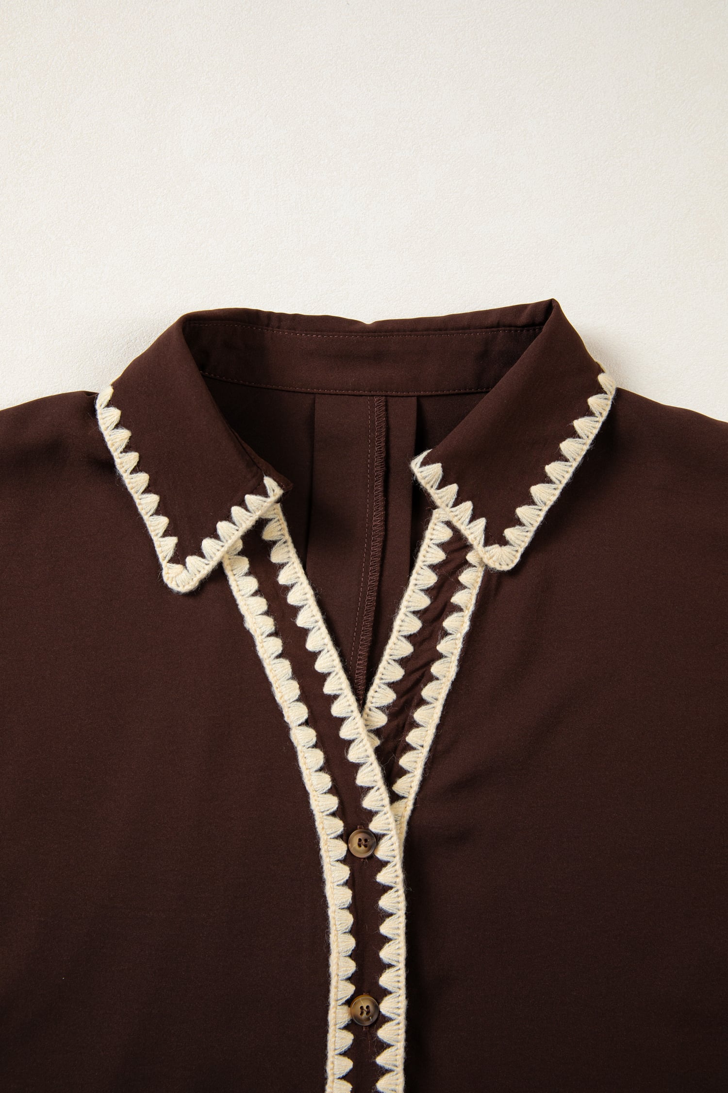 Coffee Shirt Collar Contrast Trim Button V Neck Short Sleeve Blouse