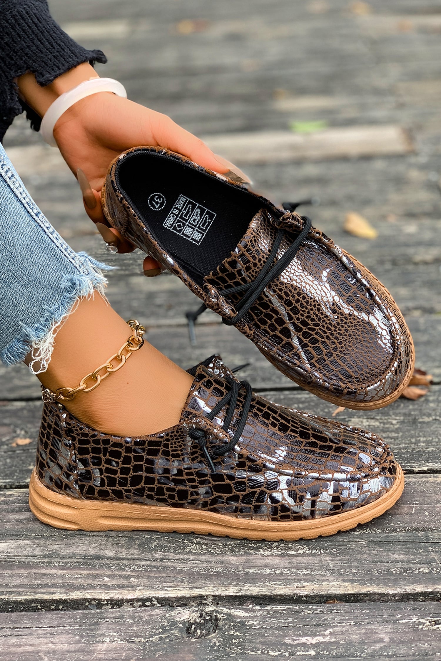 Coffee Sleek Snake Skin Print Lace-up Detail Comfort Loafer Shoes