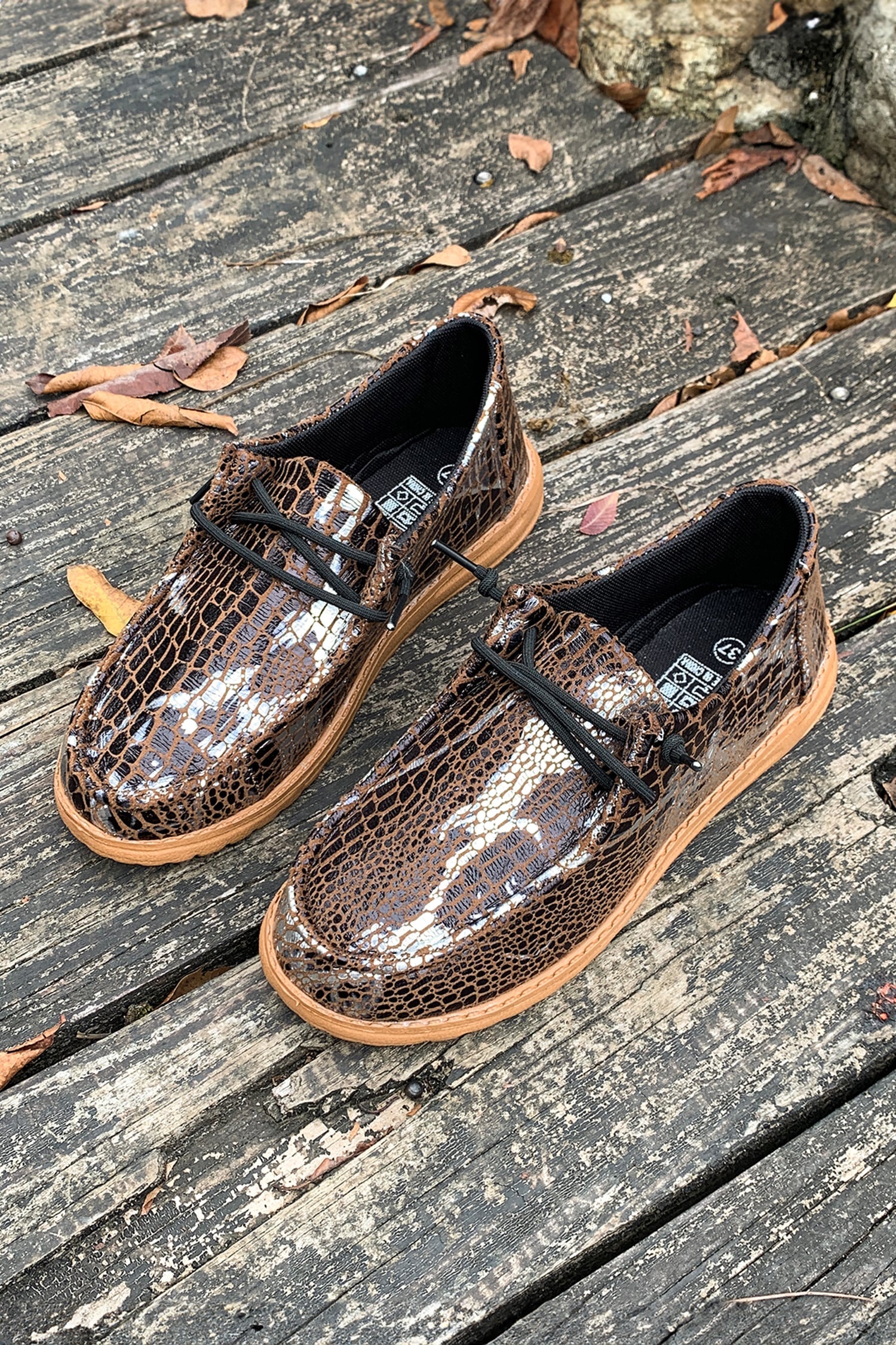Coffee Sleek Snake Skin Print Lace-up Detail Comfort Loafer Shoes