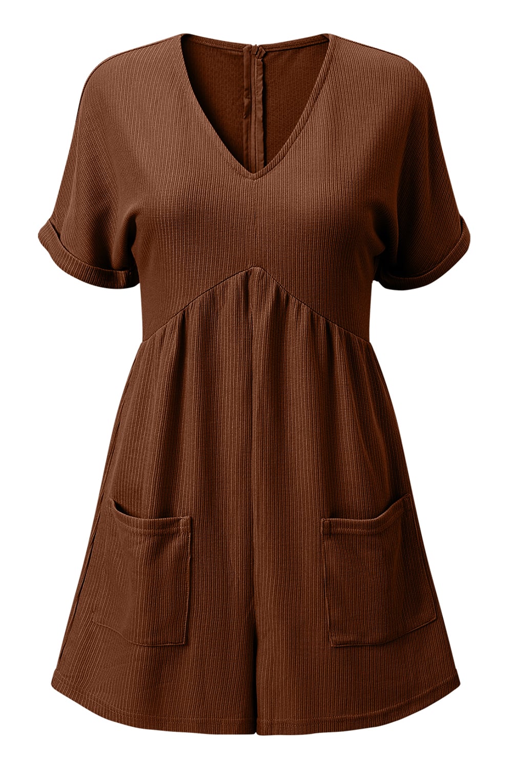 Coffee Solid Color Knit V Neck Zipped Loose Romper