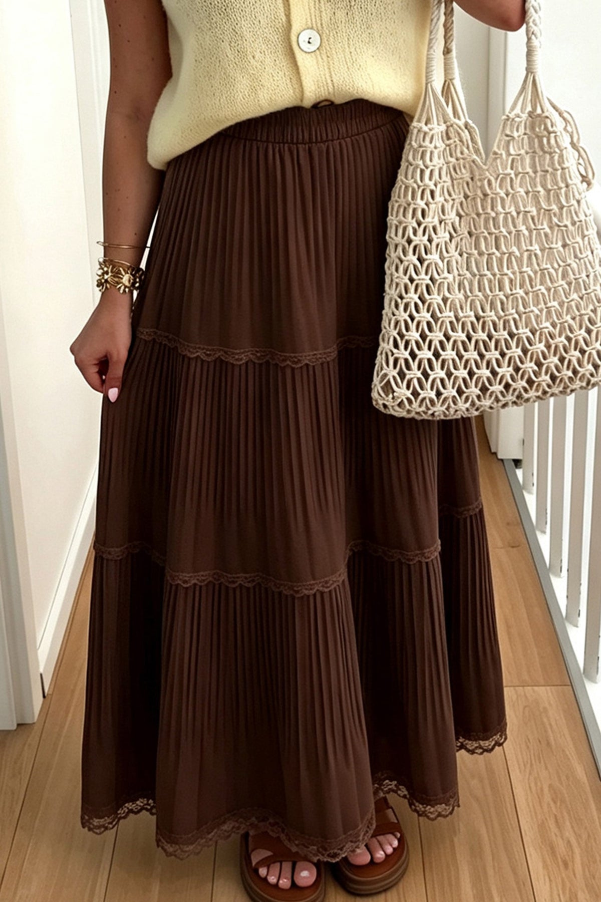 Coffee Solid Color Pleated Lace Trim Tiered Long Skirt