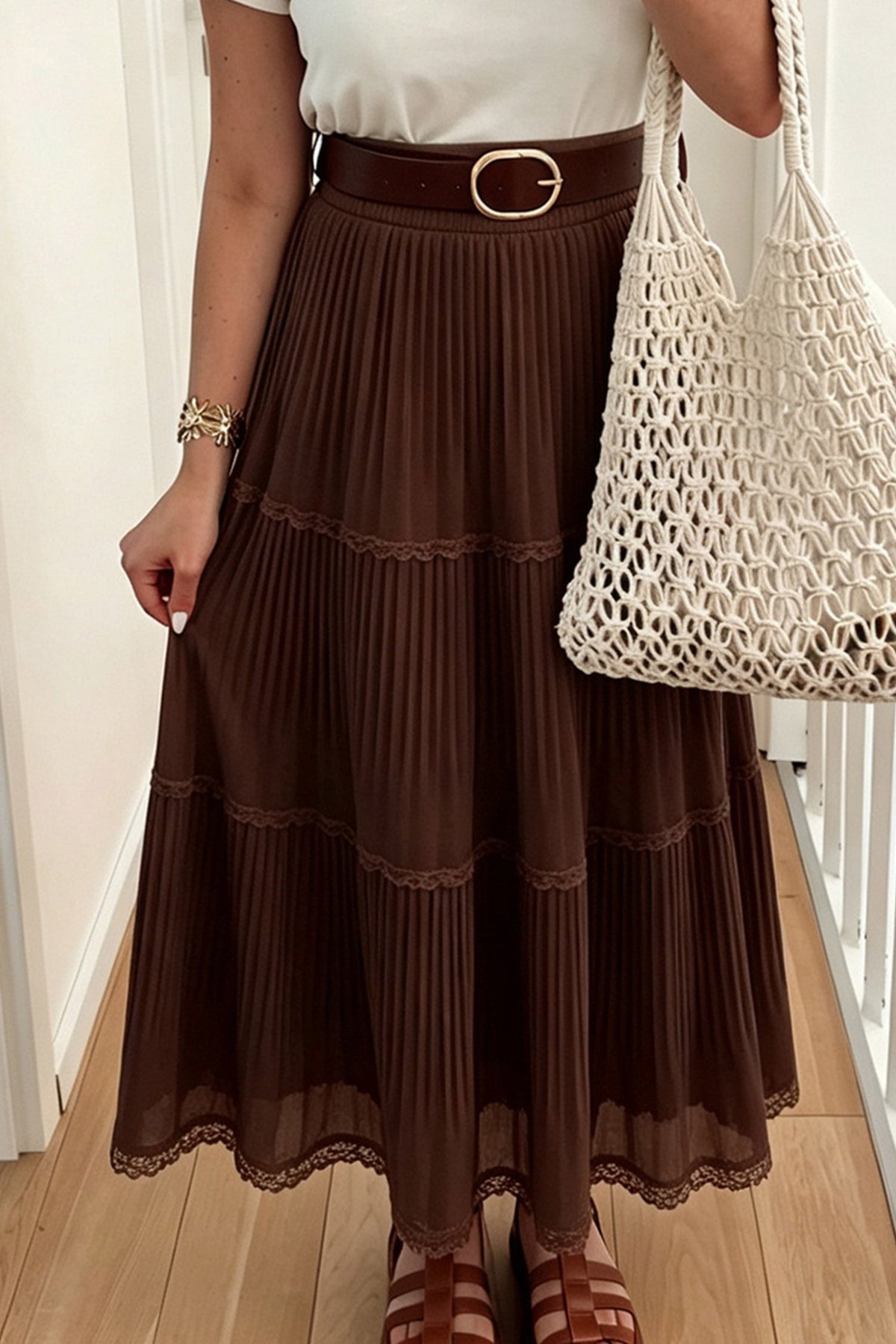 Coffee Solid Color Pleated Lace Trim Tiered Long Skirt