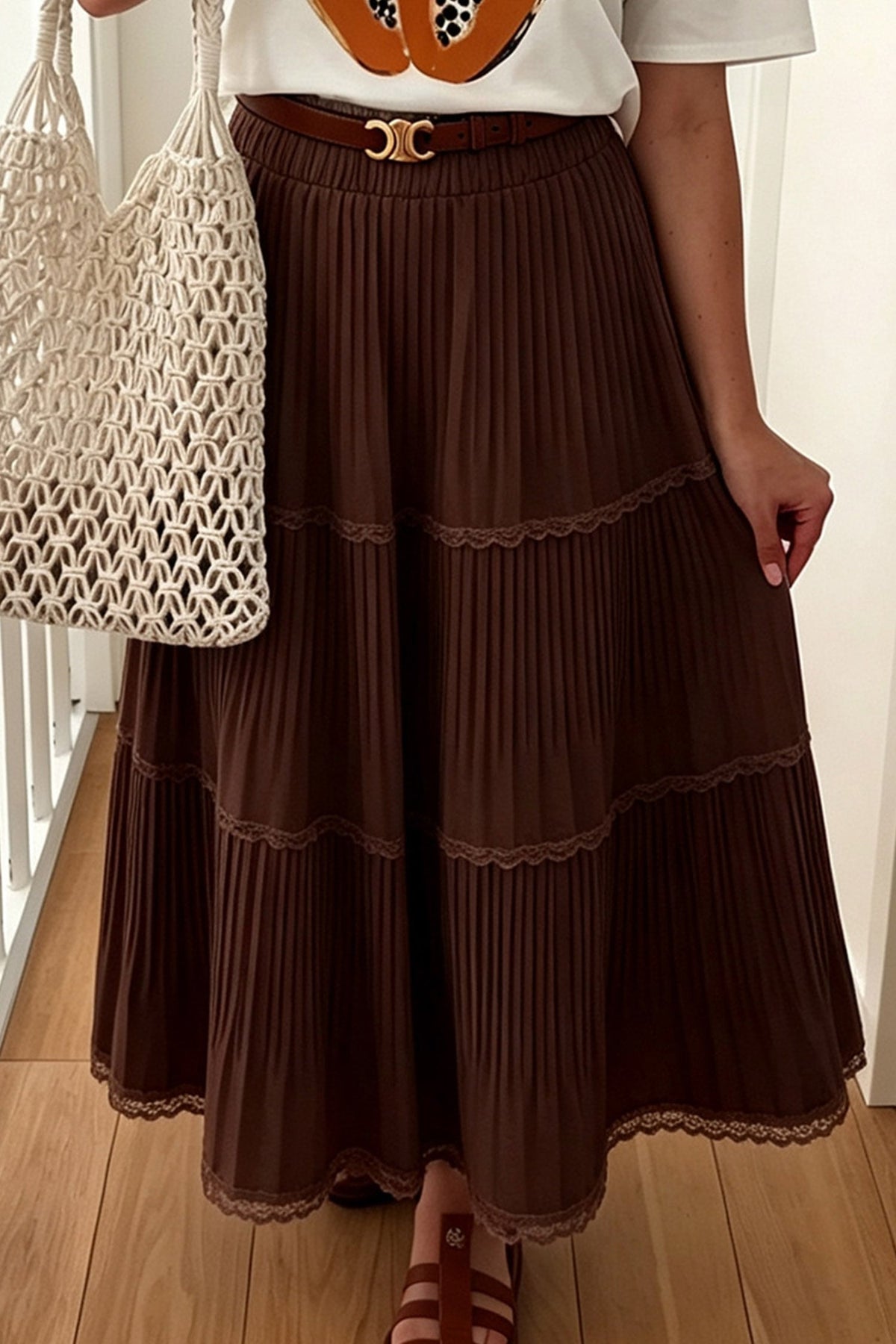 Coffee Solid Color Pleated Lace Trim Tiered Long Skirt