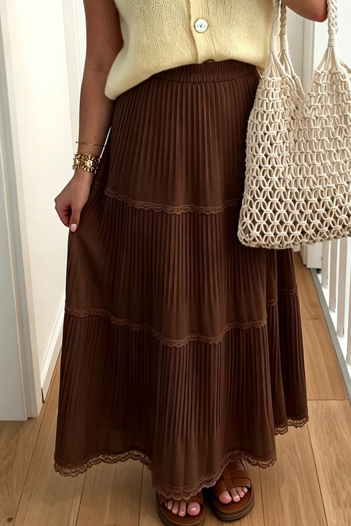Coffee Solid Color Pleated Lace Trim Tiered Long Skirt