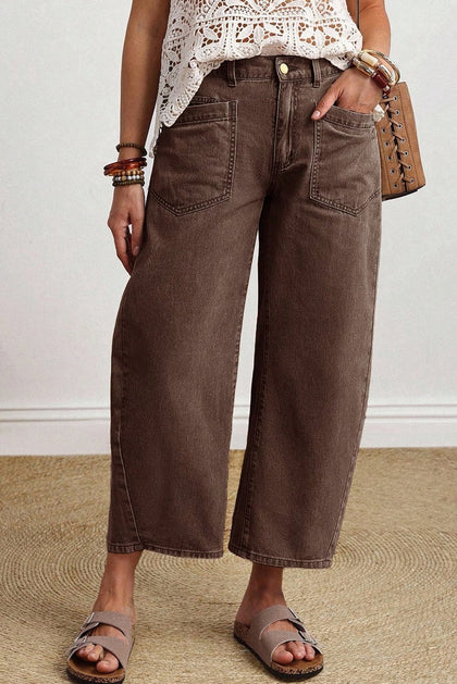 Coffee Solid Color Square Patch Pocket Ankle-length Barrel Jeans