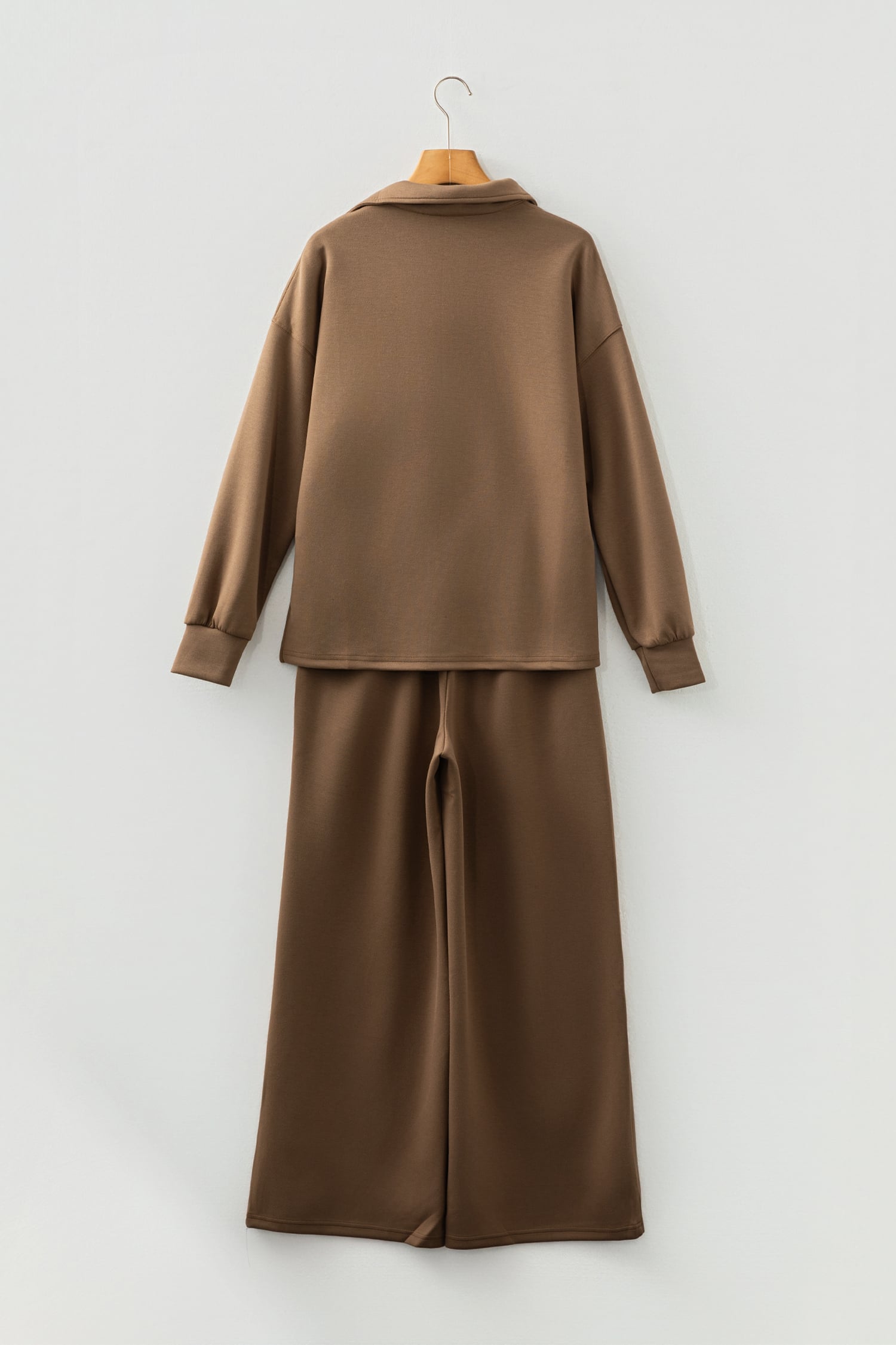 Coffee Solid Color V Neck Top and High Waist Pants Set