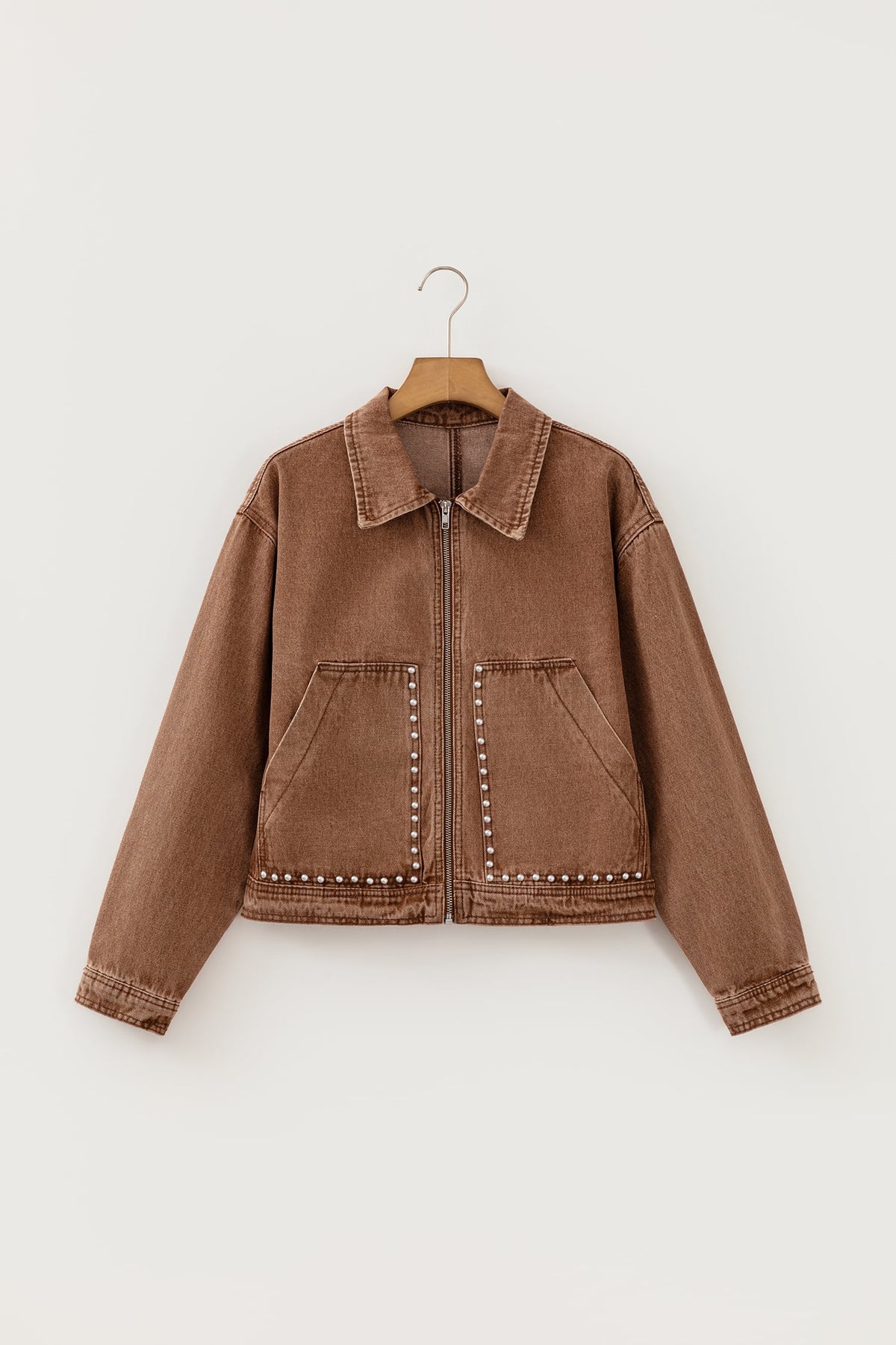 Coffee Studded Metal Zipper Rivet Pockets Long Sleeve Denim Jacket