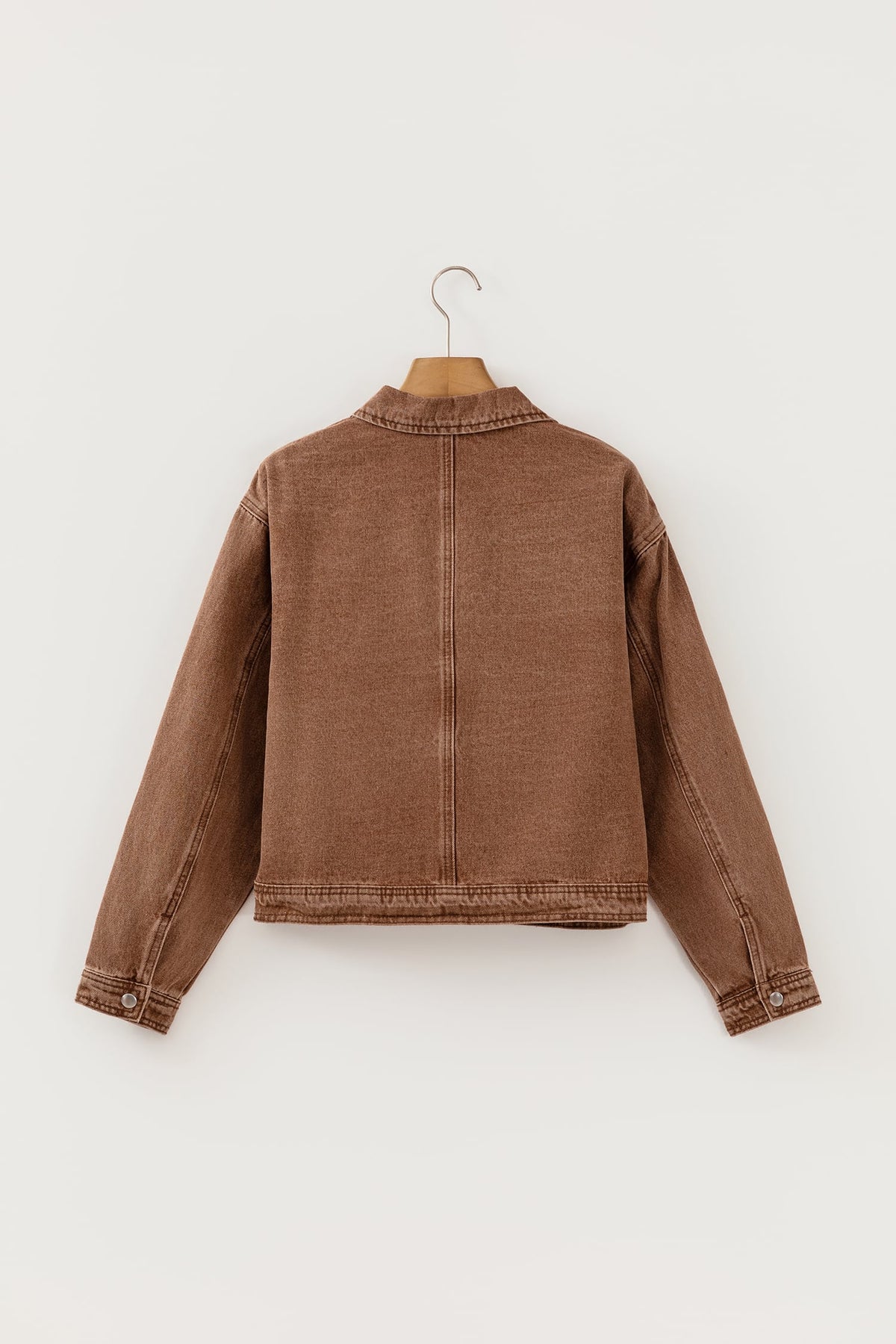 Coffee Studded Metal Zipper Rivet Pockets Long Sleeve Denim Jacket