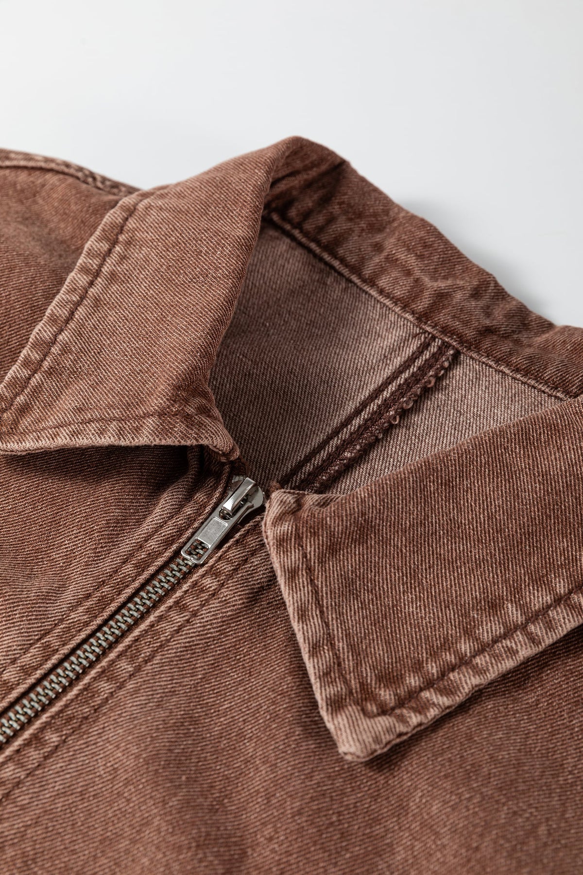Coffee Studded Metal Zipper Rivet Pockets Long Sleeve Denim Jacket