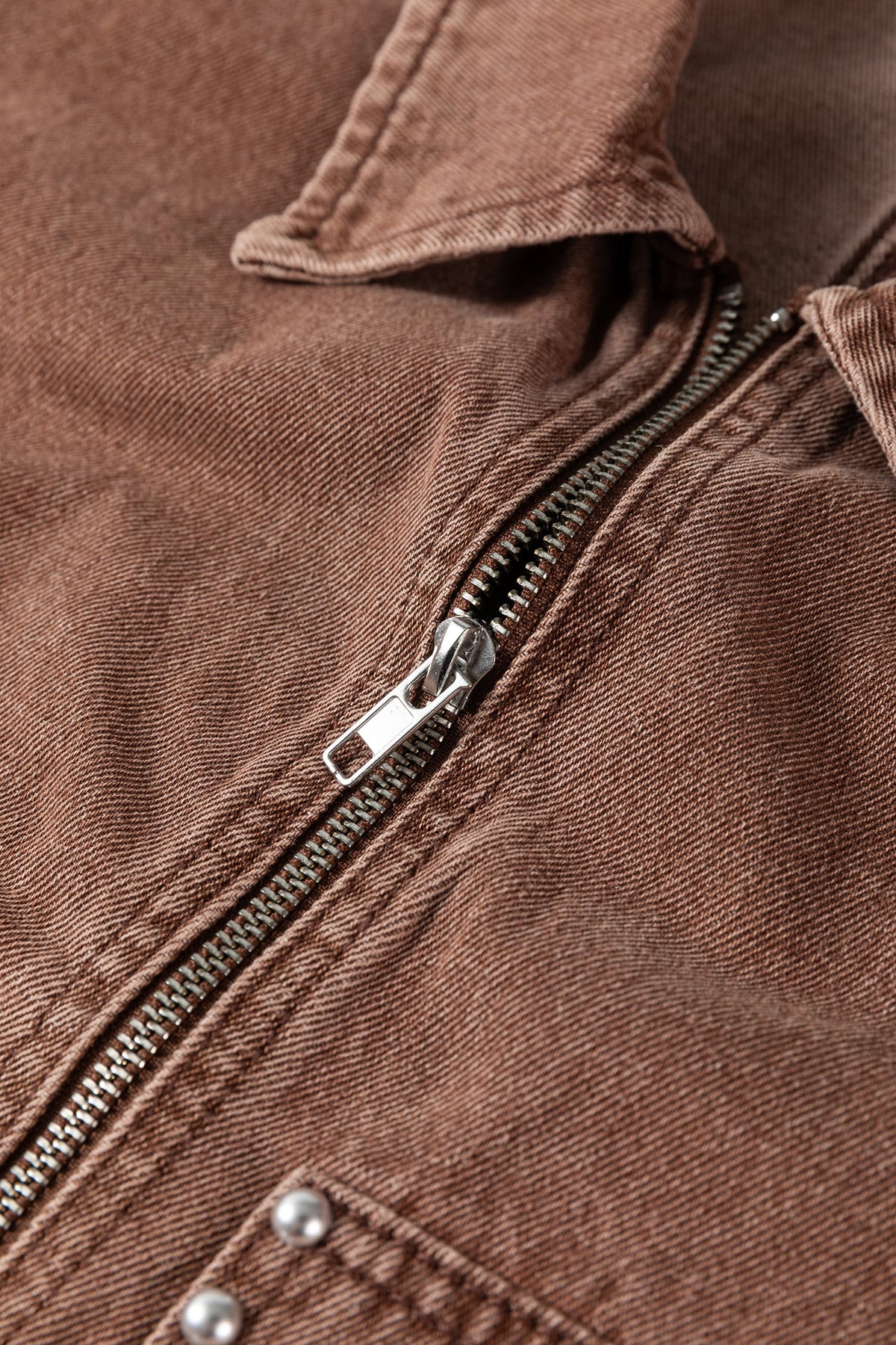 Coffee Studded Metal Zipper Rivet Pockets Long Sleeve Denim Jacket