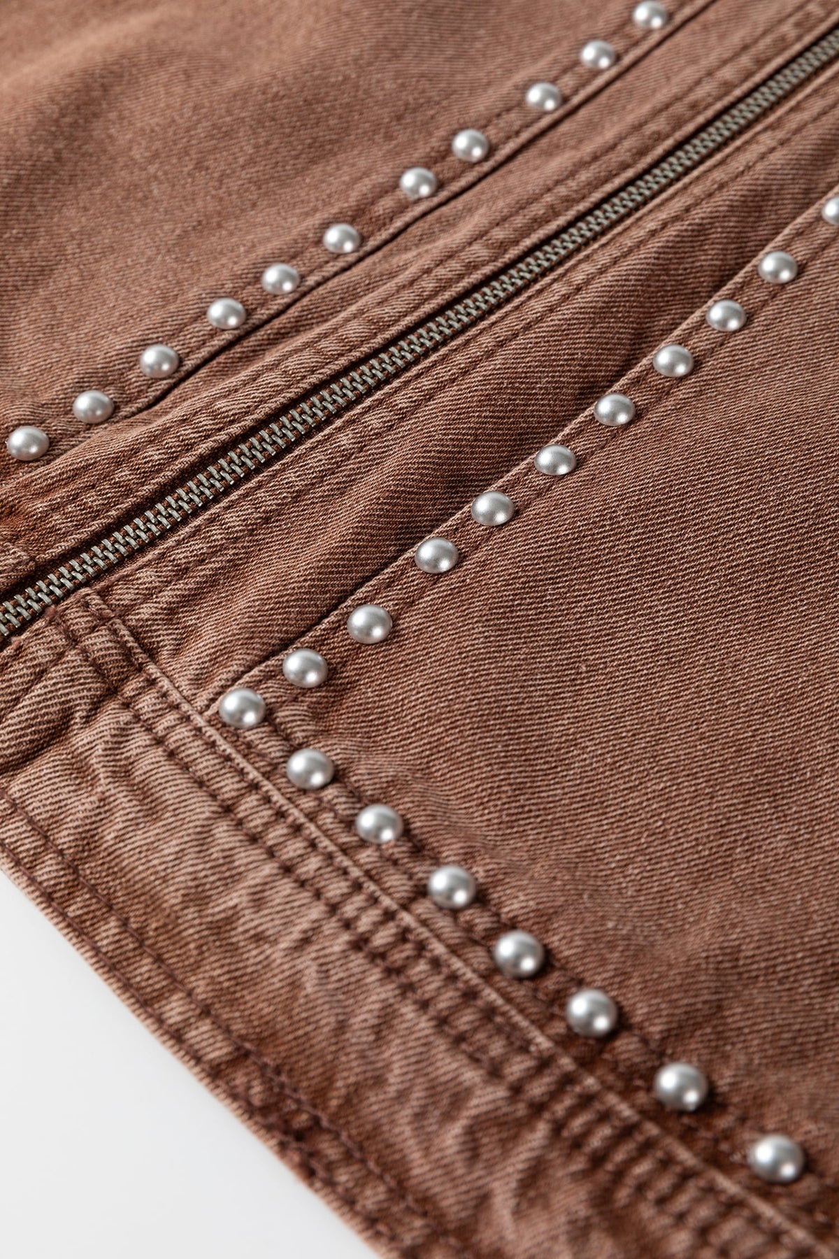 Coffee Studded Metal Zipper Rivet Pockets Long Sleeve Denim Jacket