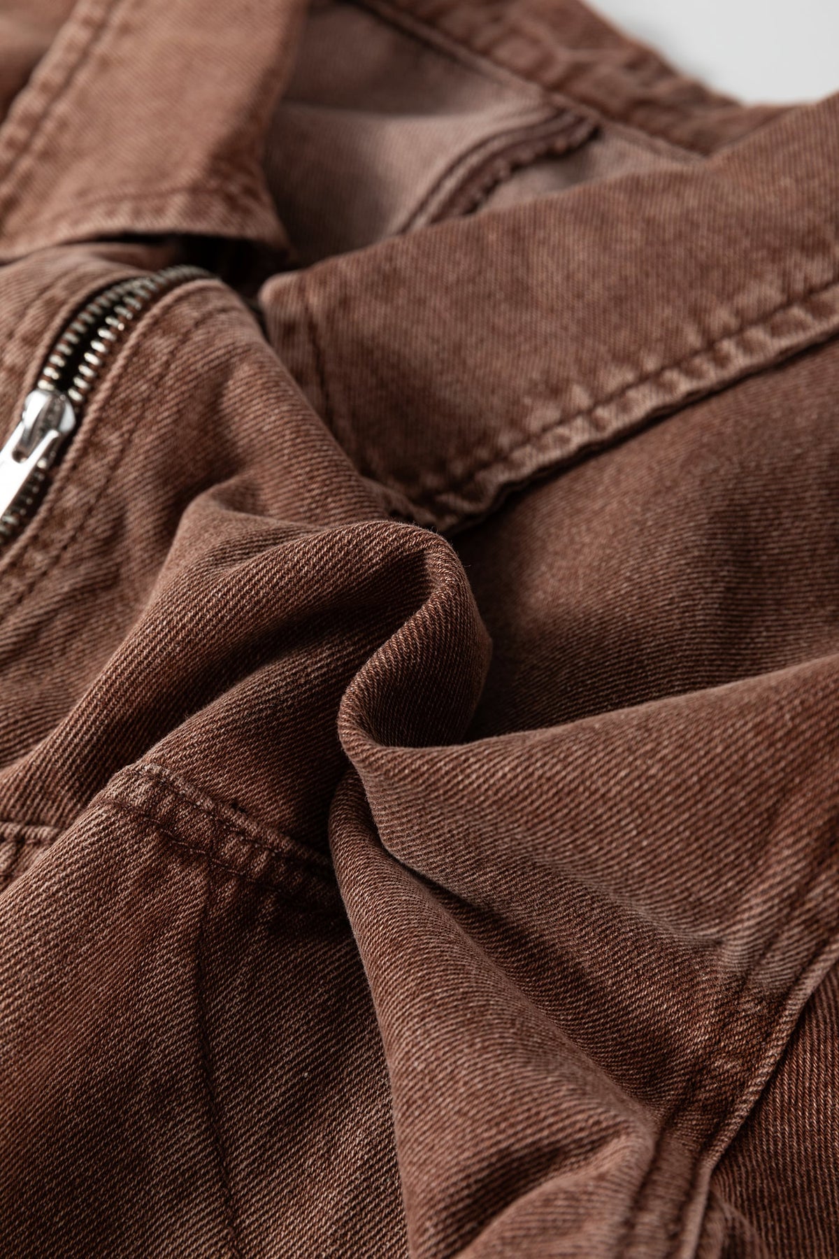 Coffee Studded Metal Zipper Rivet Pockets Long Sleeve Denim Jacket
