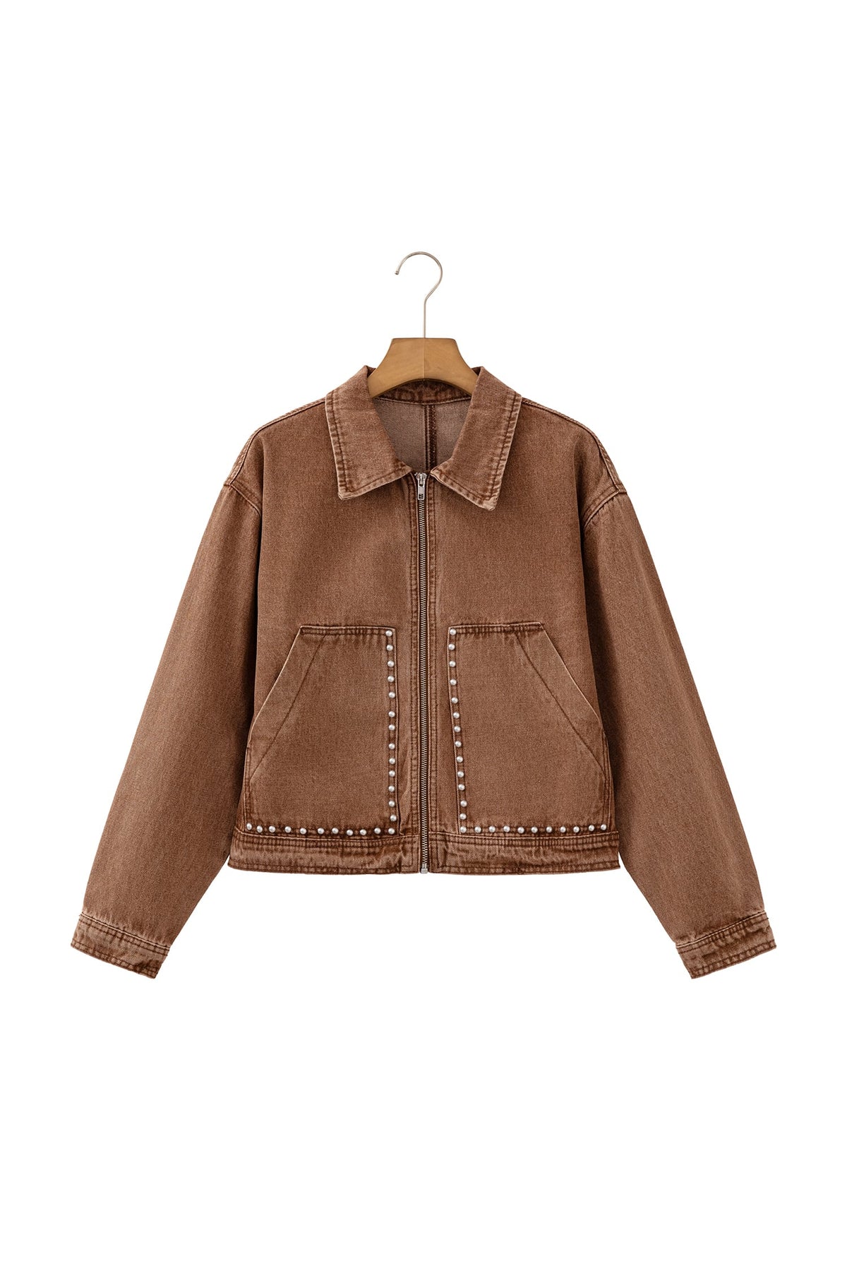 Coffee Studded Metal Zipper Rivet Pockets Long Sleeve Denim Jacket