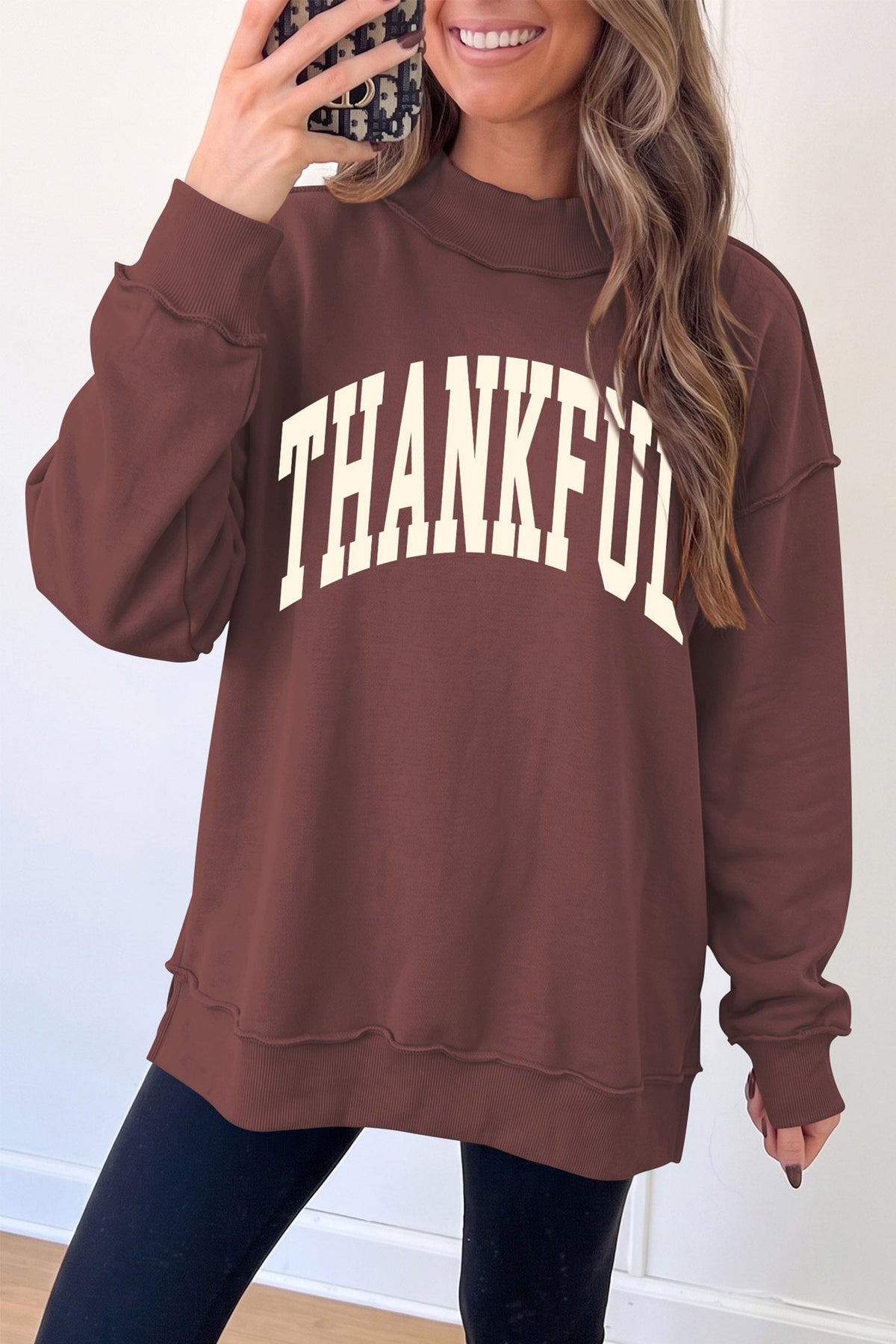 Coffee Thanksgiving High Neck Slogan Graphic Pullover Sweatshirt