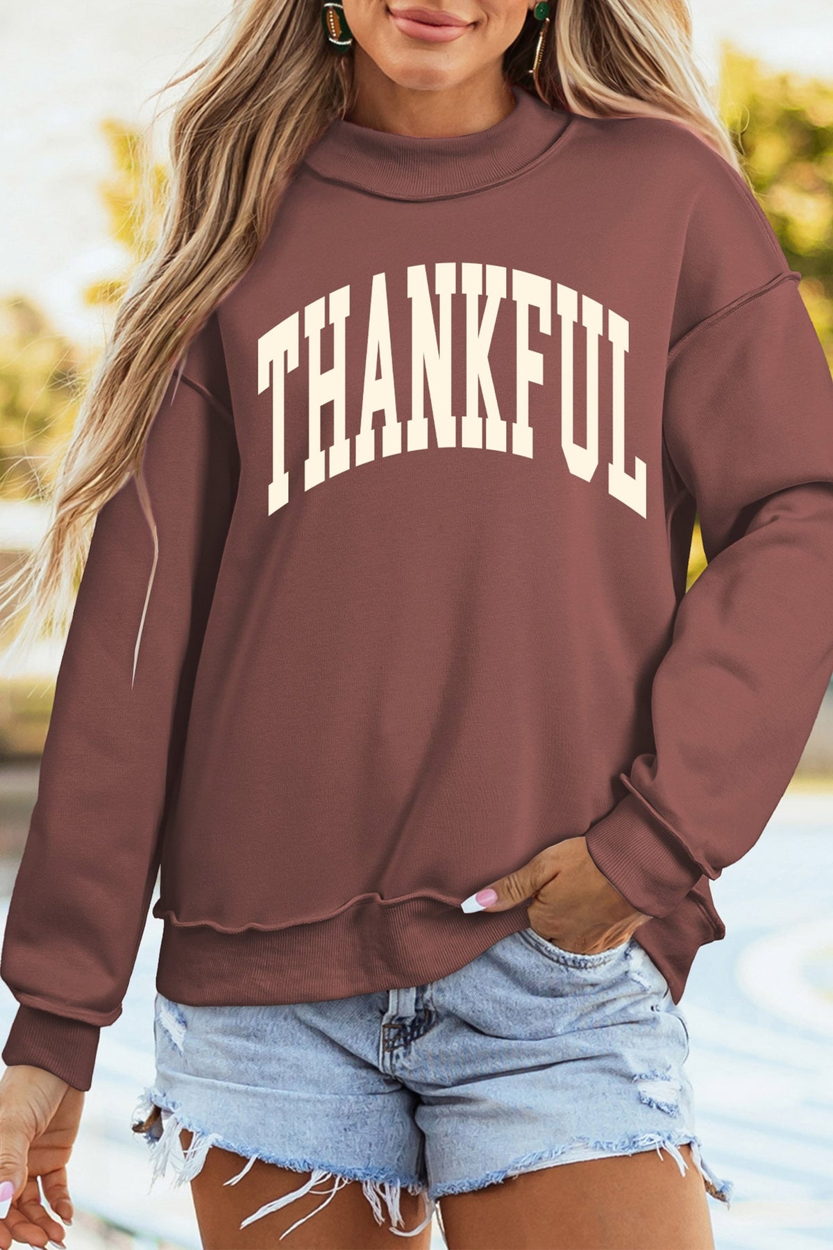 Coffee Thanksgiving High Neck Slogan Graphic Pullover Sweatshirt