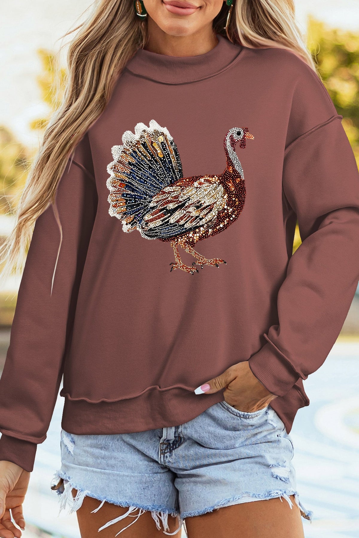 Coffee Thanksgiving Sparkling Gobble Turkey High Neck Pullover Sweatshirt